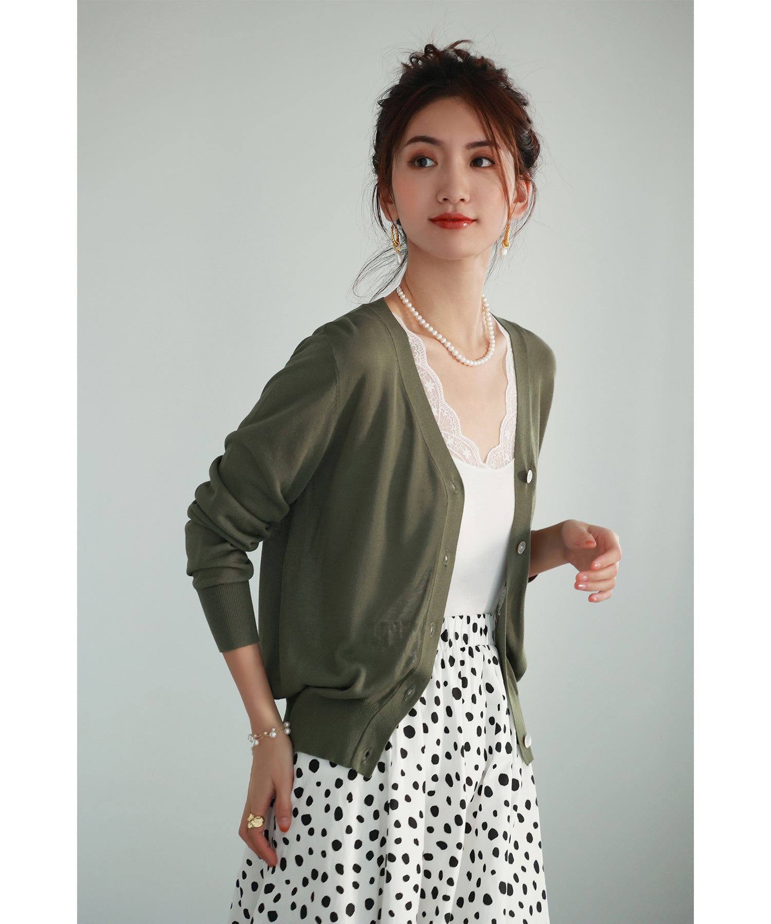 サマーニットVネックカーディガンxyf2080 カーキ