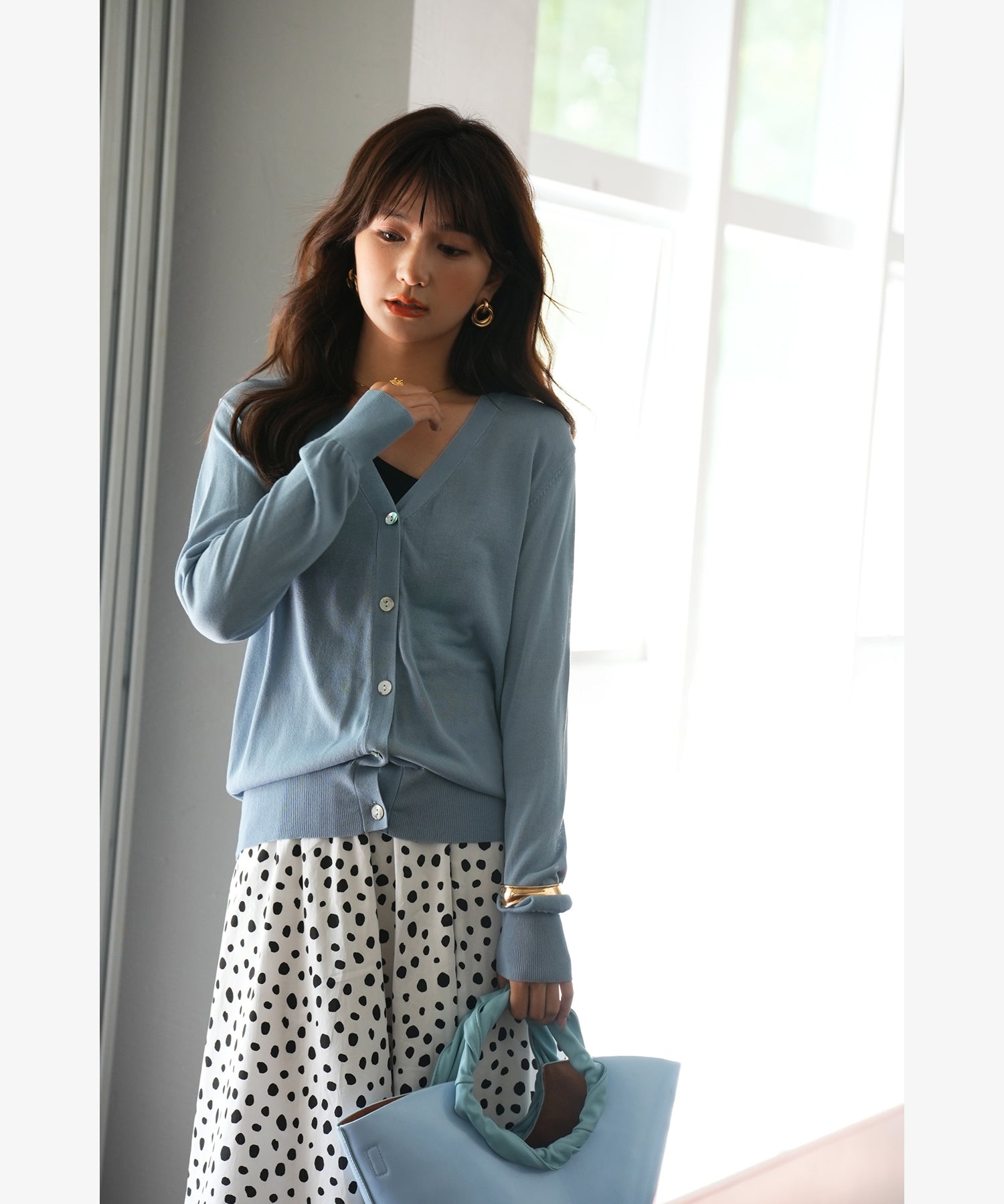 サマーニットVネックカーディガンxyf2080 ブルー