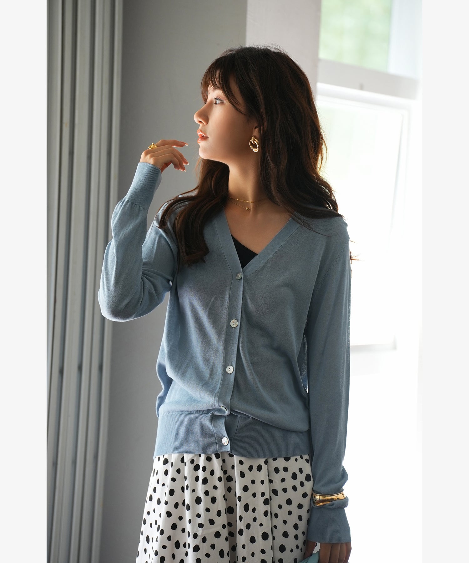 サマーニットVネックカーディガンxyf2080 ブルー