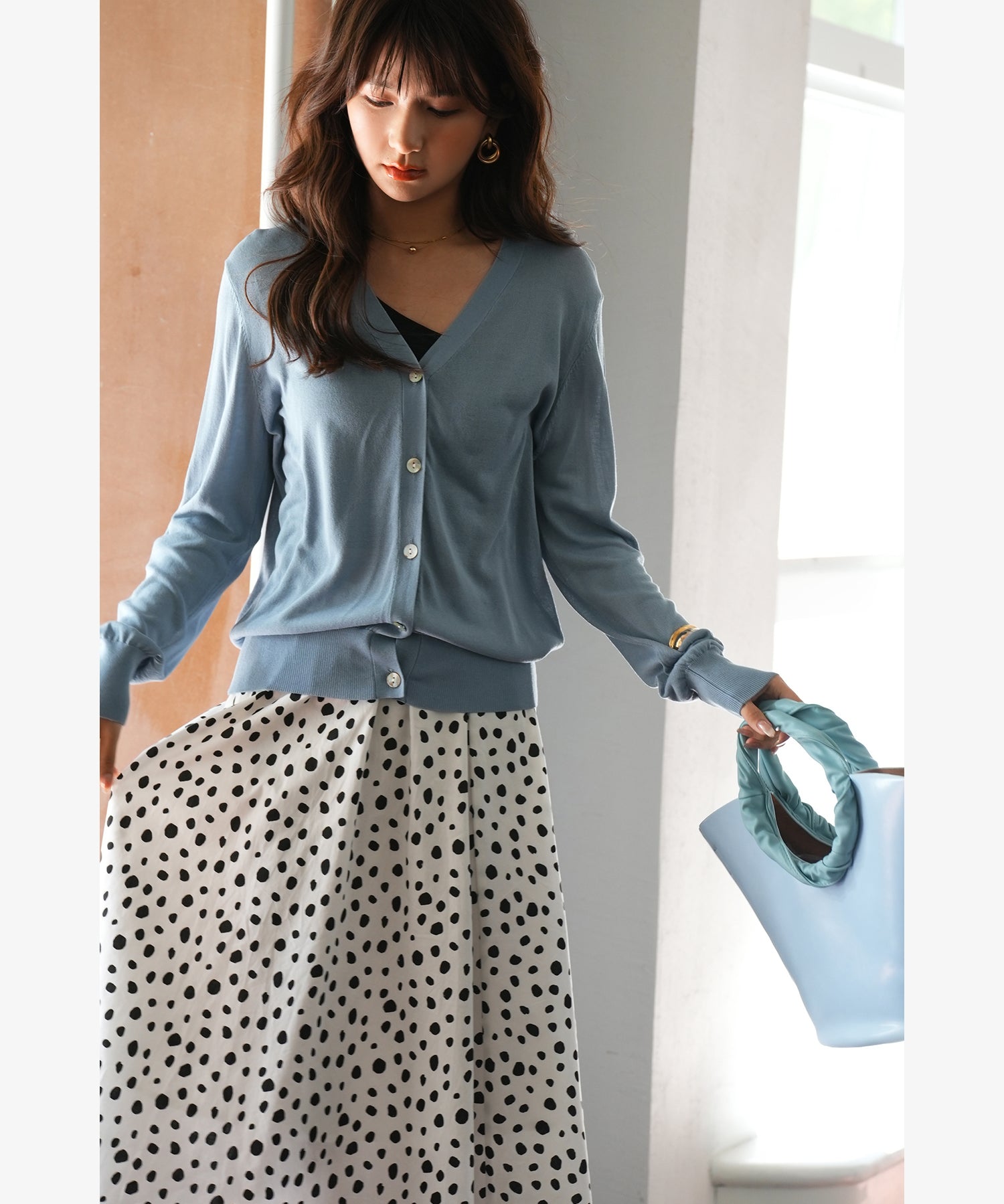 サマーニットVネックカーディガンxyf2080 ブルー