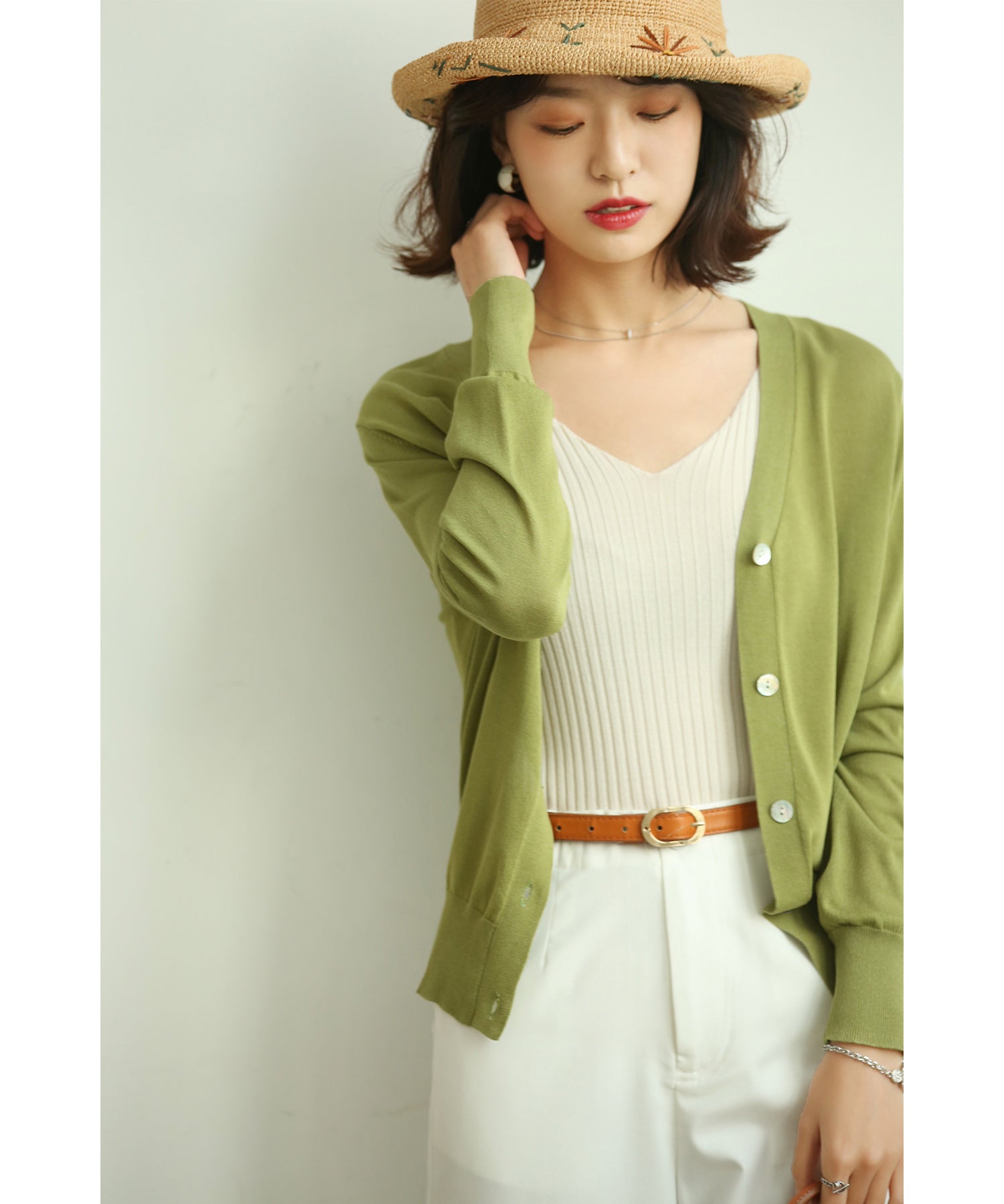 サマーニットVネックカーディガンxyf2080 グリーン