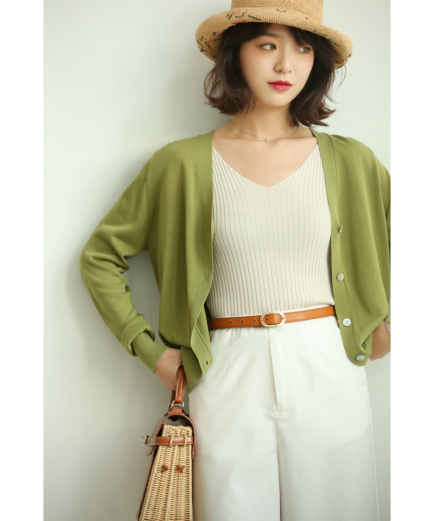 サマーニットVネックカーディガンxyf2080 グリーン