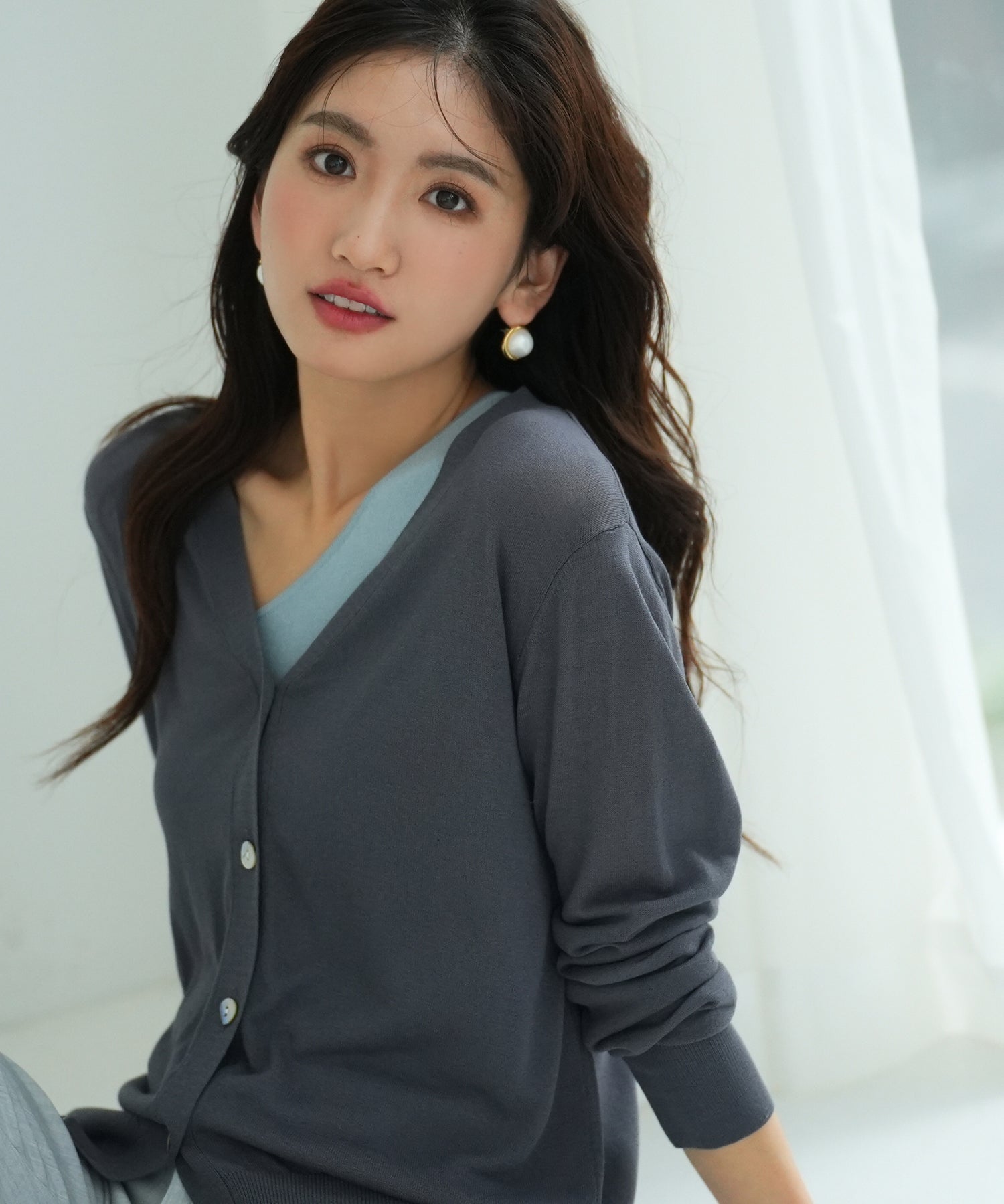 サマーニットVネックカーディガンxyf2080 チャコール