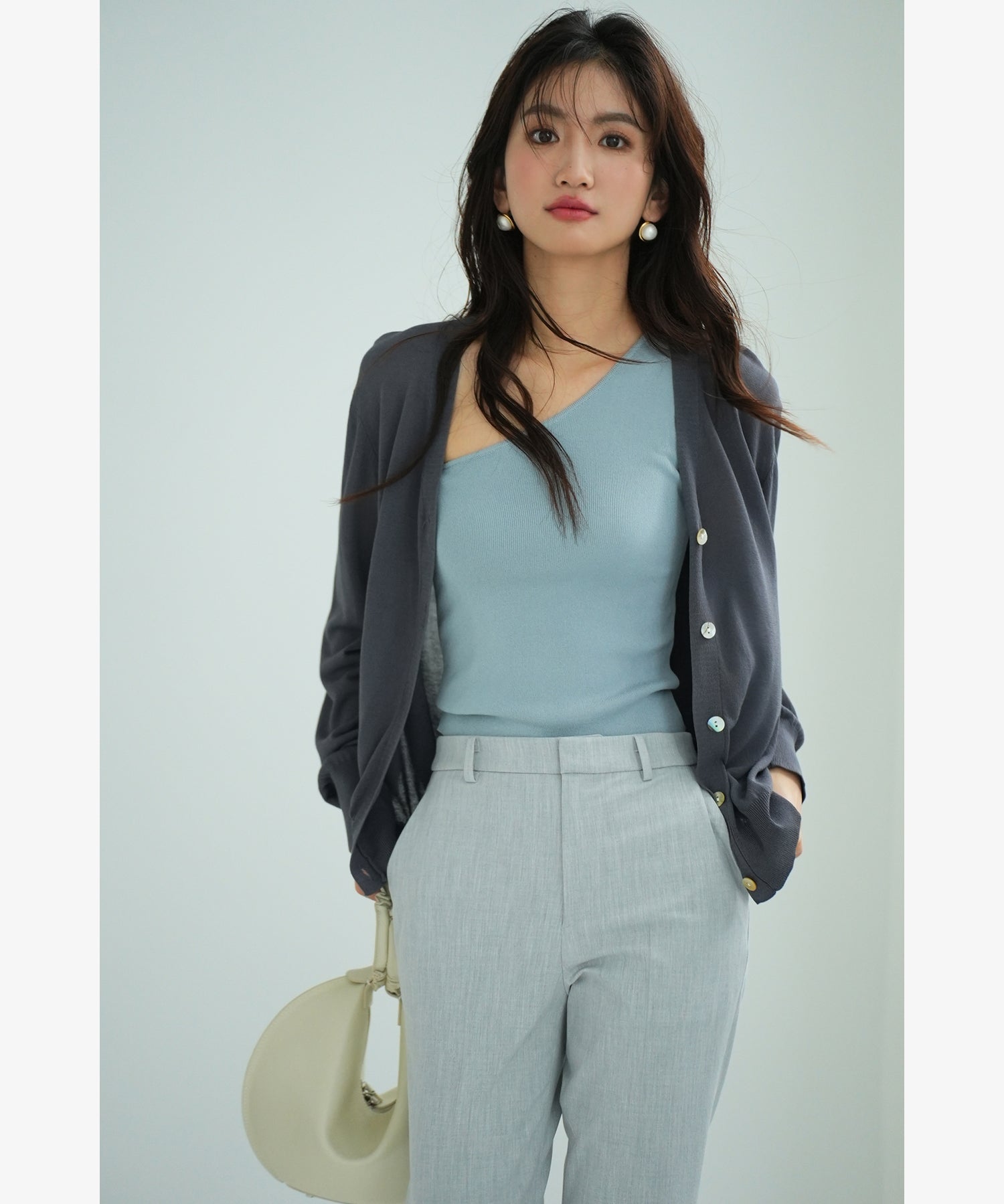 サマーニットVネックカーディガンxyf2080 チャコール