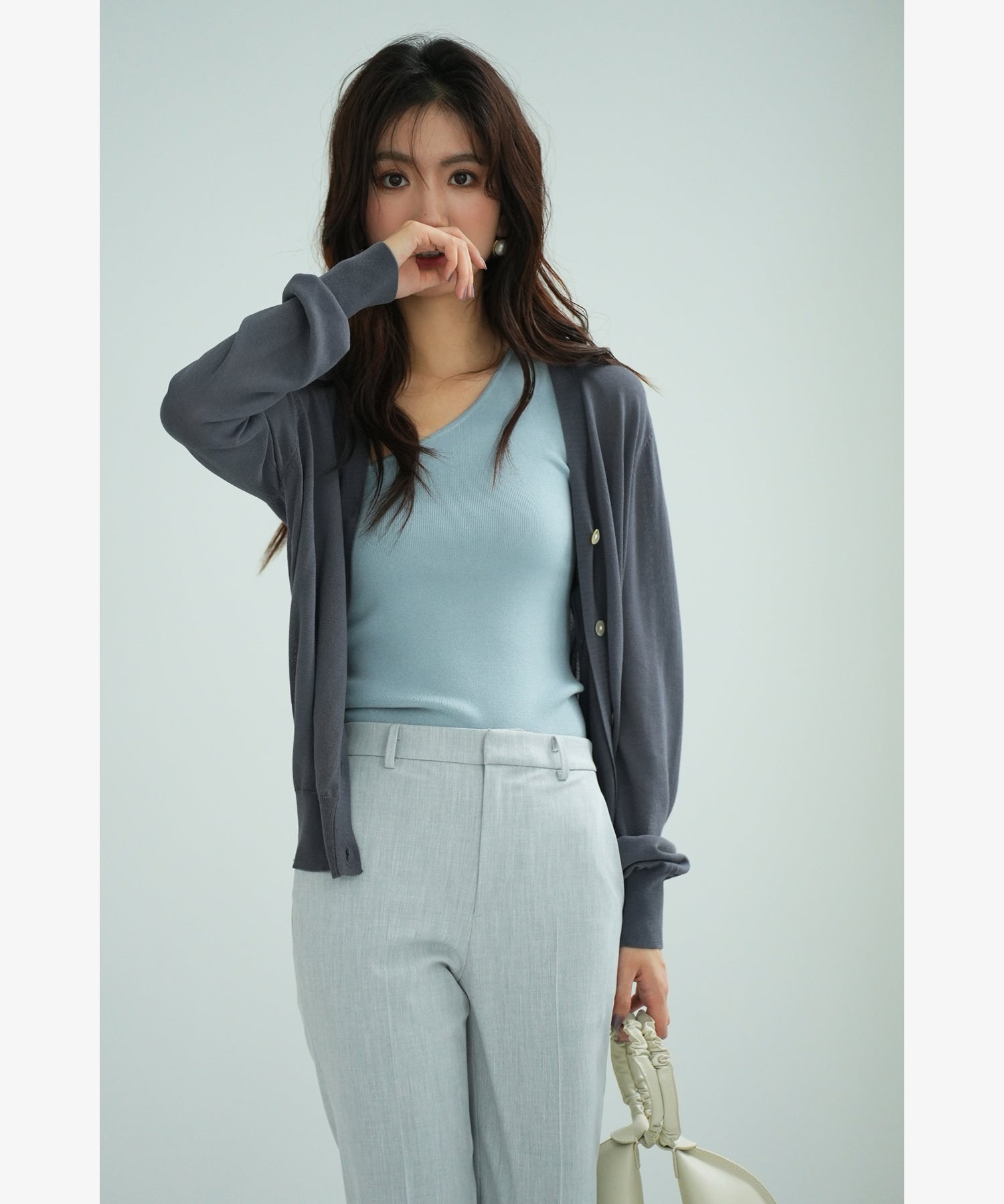 サマーニットVネックカーディガンxyf2080 チャコール