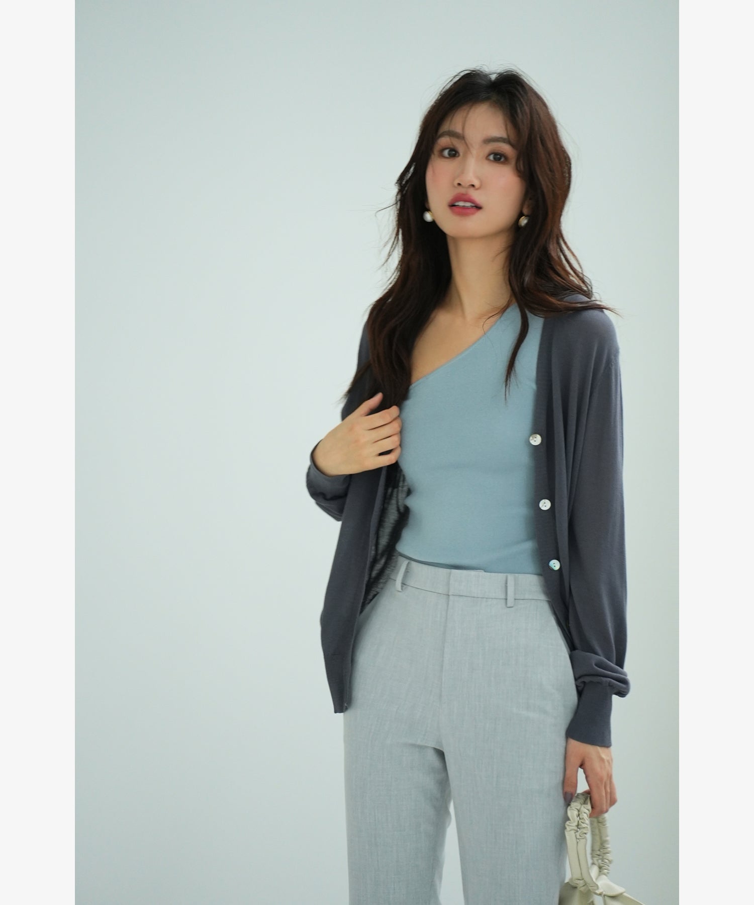 サマーニットVネックカーディガンxyf2080 チャコール