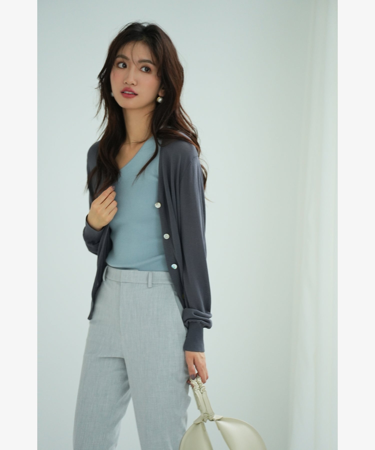 サマーニットVネックカーディガンxyf2080 チャコール