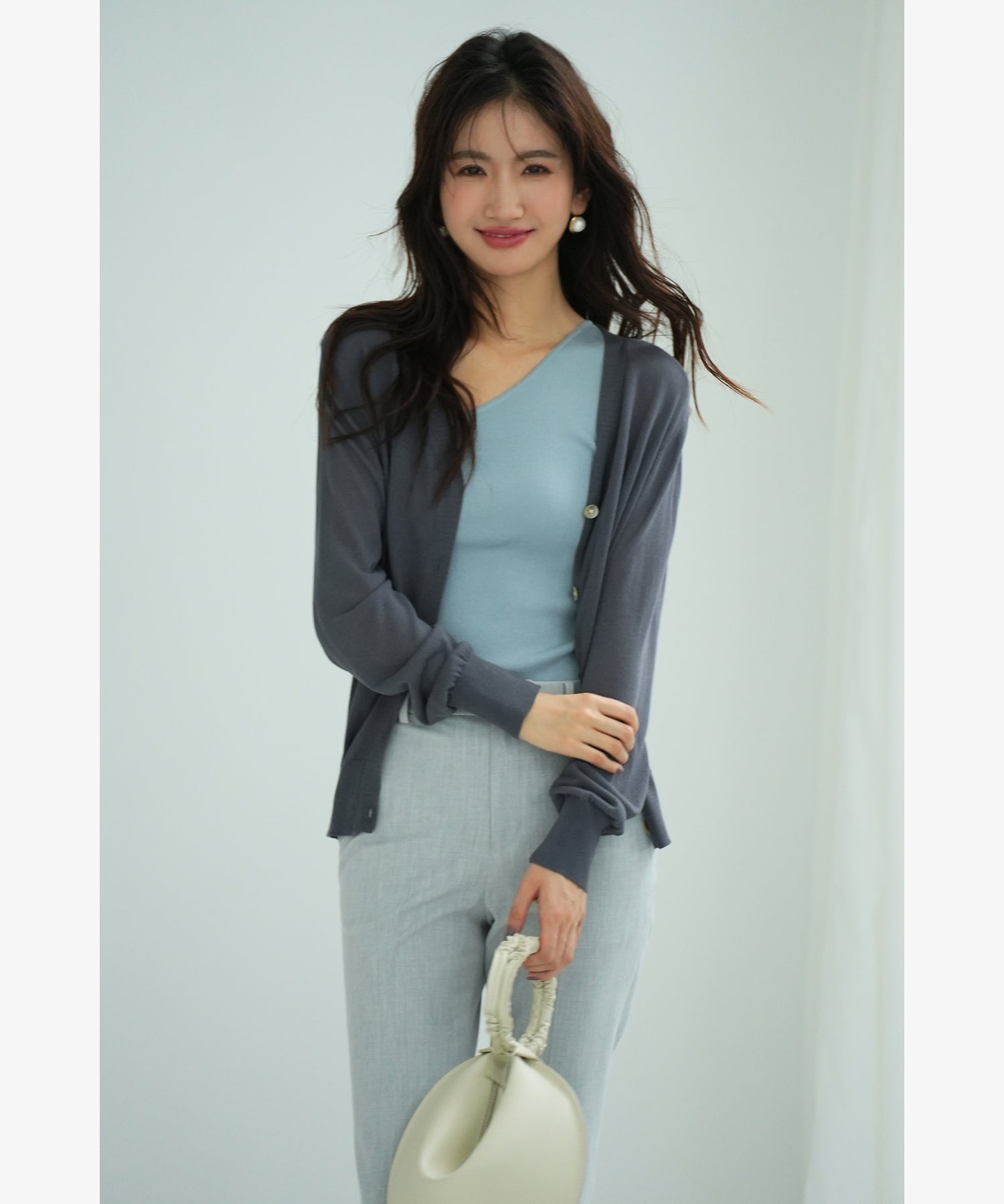 サマーニットVネックカーディガンxyf2080 チャコール