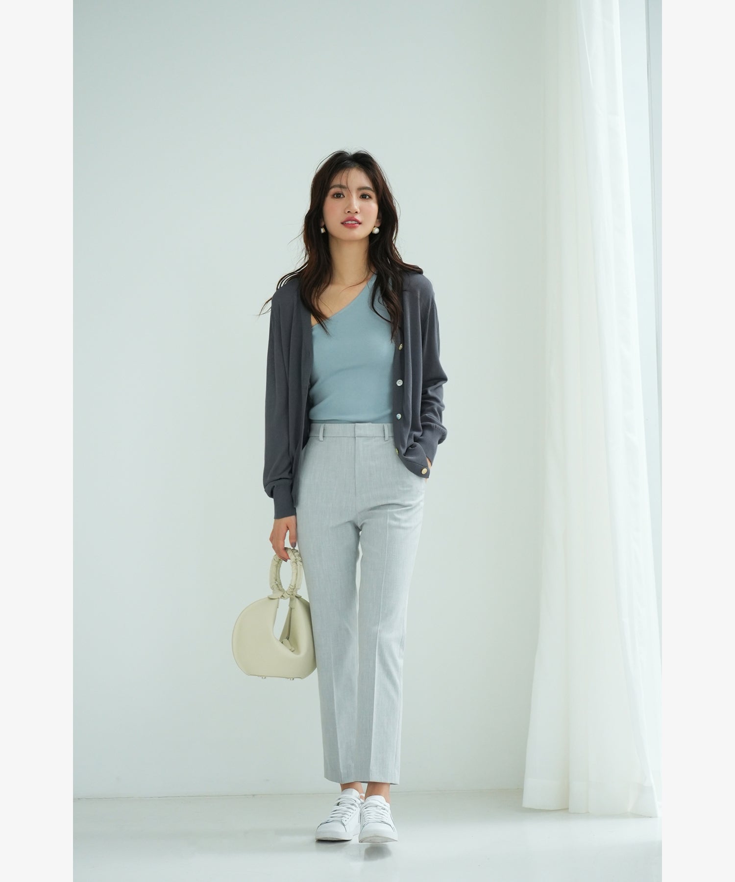 サマーニットVネックカーディガンxyf2080 チャコール