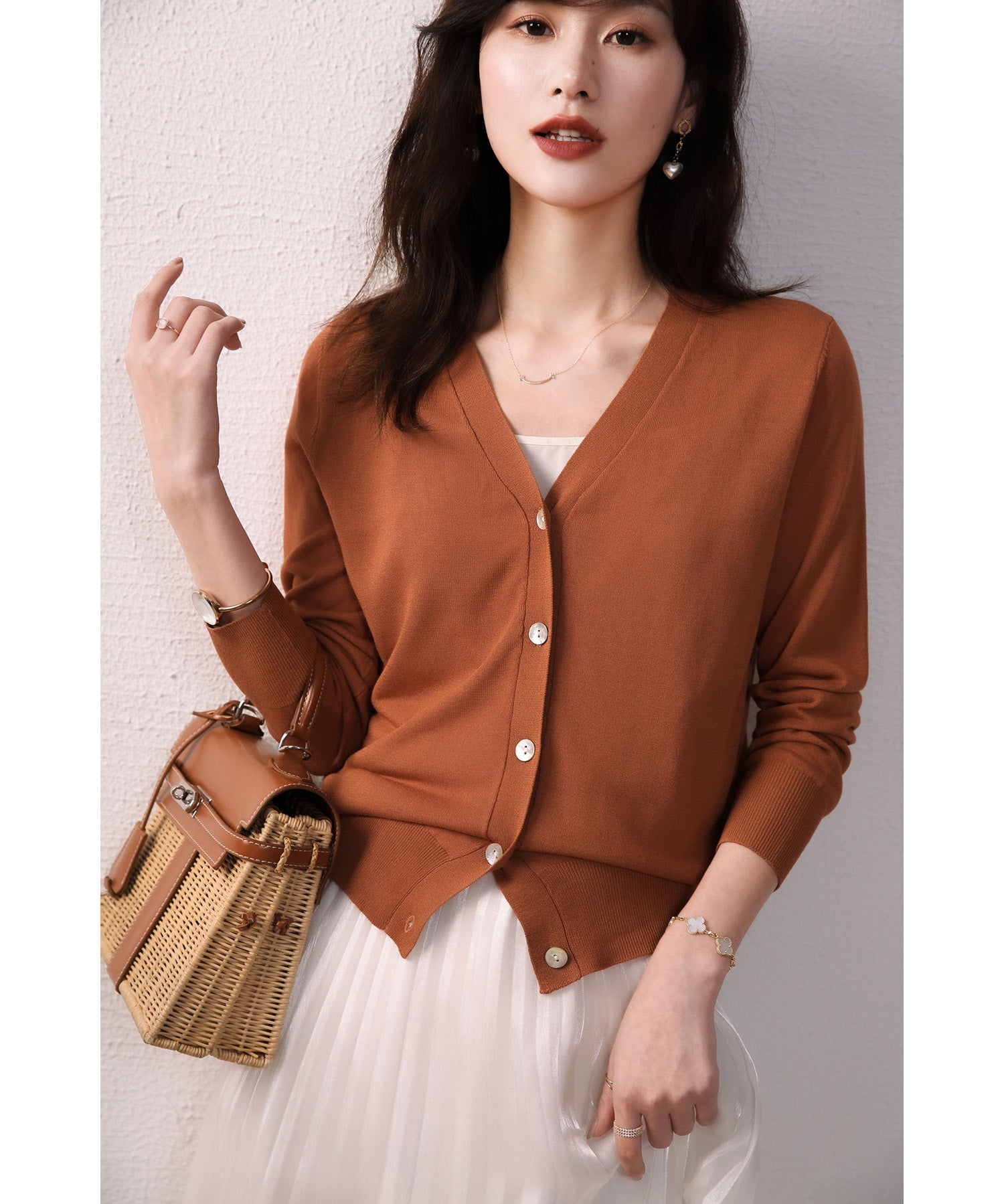 サマーニットVネックカーディガンxyf2080 テラコッタ