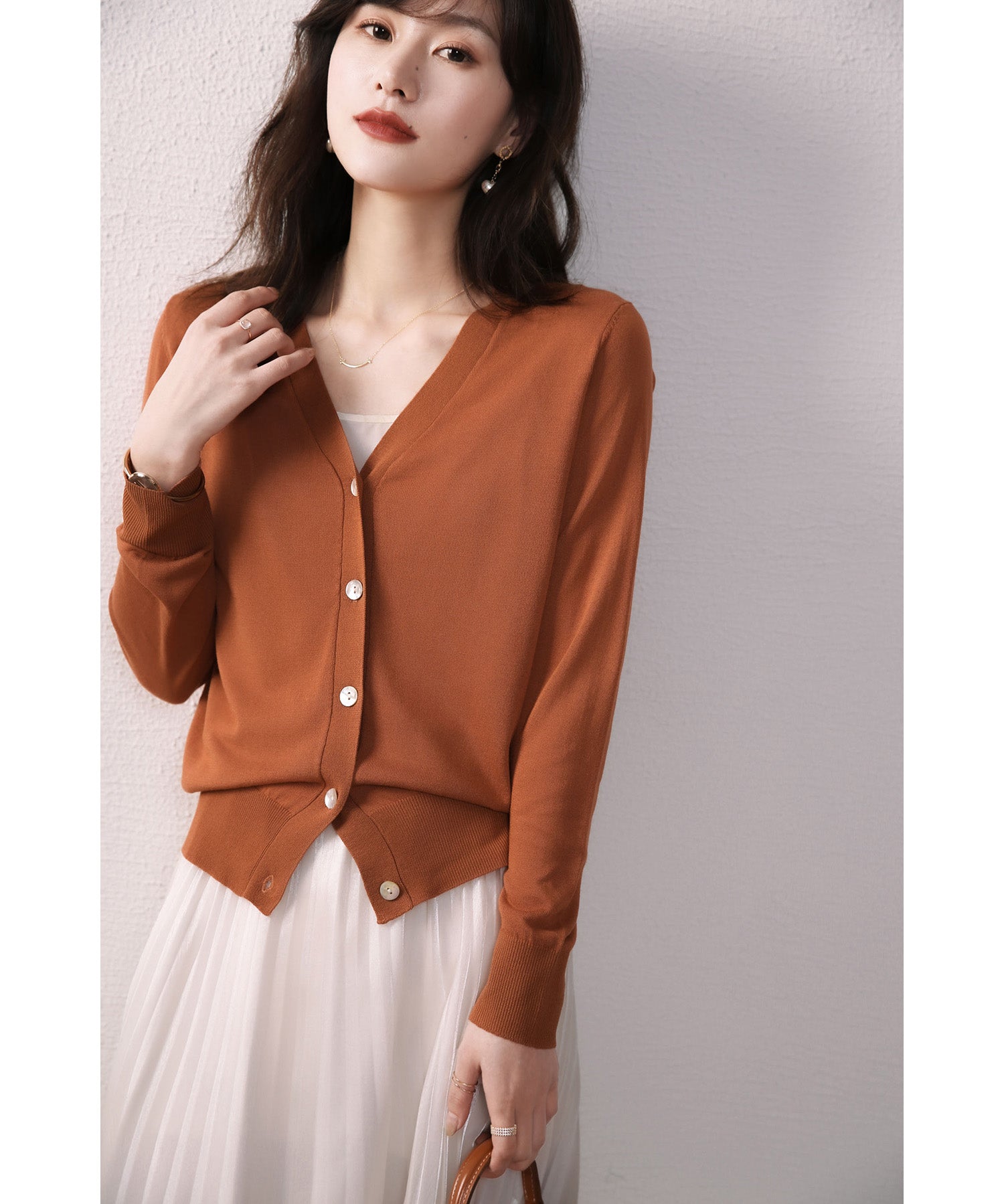 サマーニットVネックカーディガンxyf2080 テラコッタ