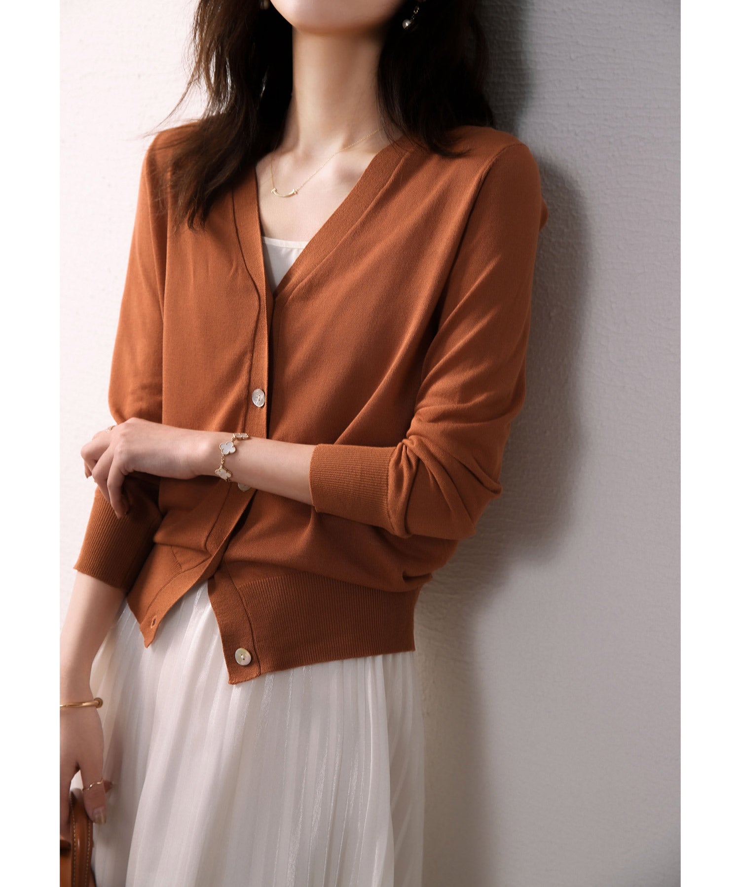 サマーニットVネックカーディガンxyf2080 テラコッタ