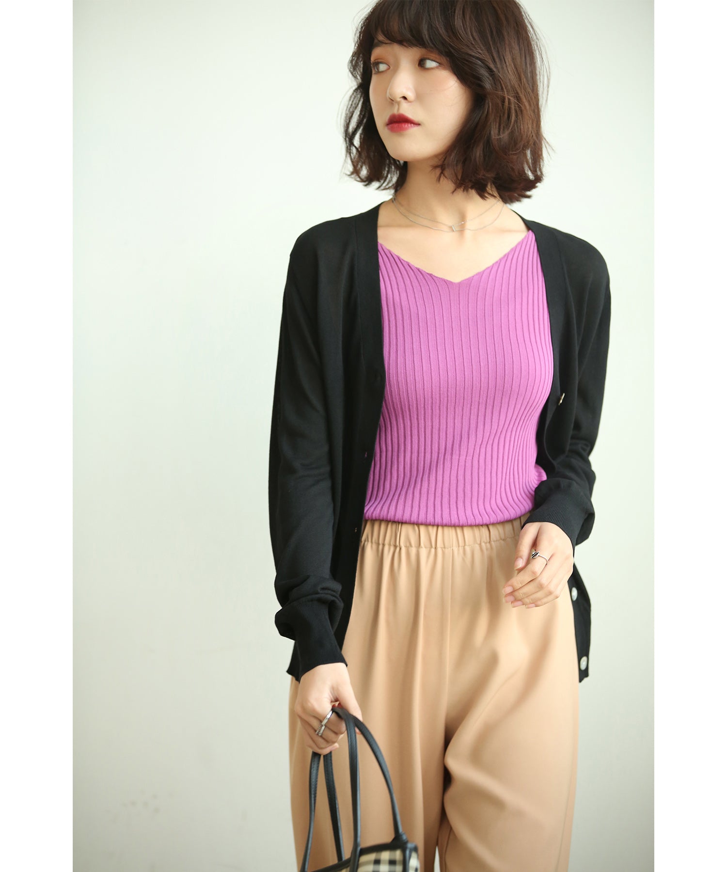 サマーニットVネックカーディガンxyf2080 ブラック