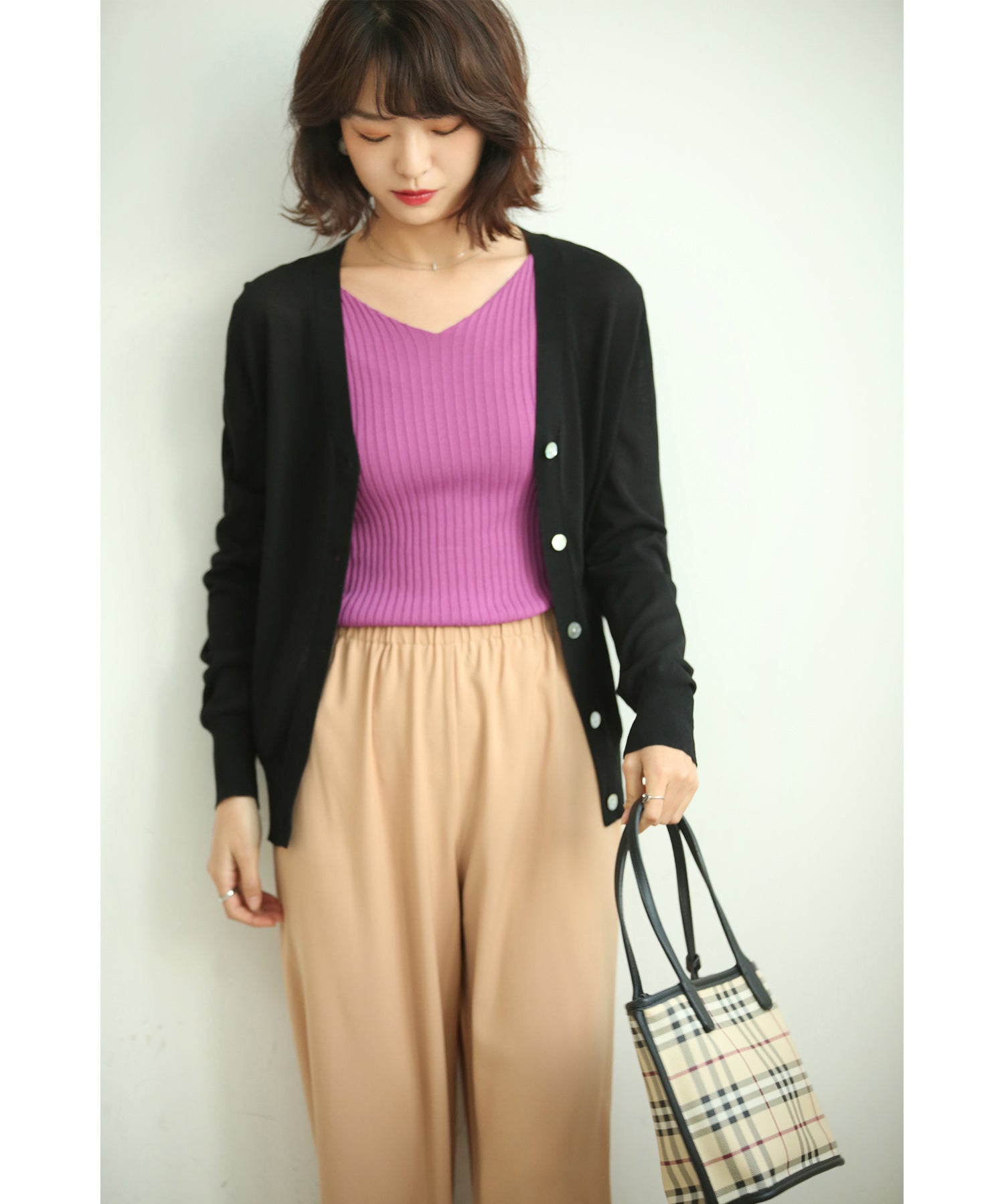 サマーニットVネックカーディガンxyf2080 ブラック