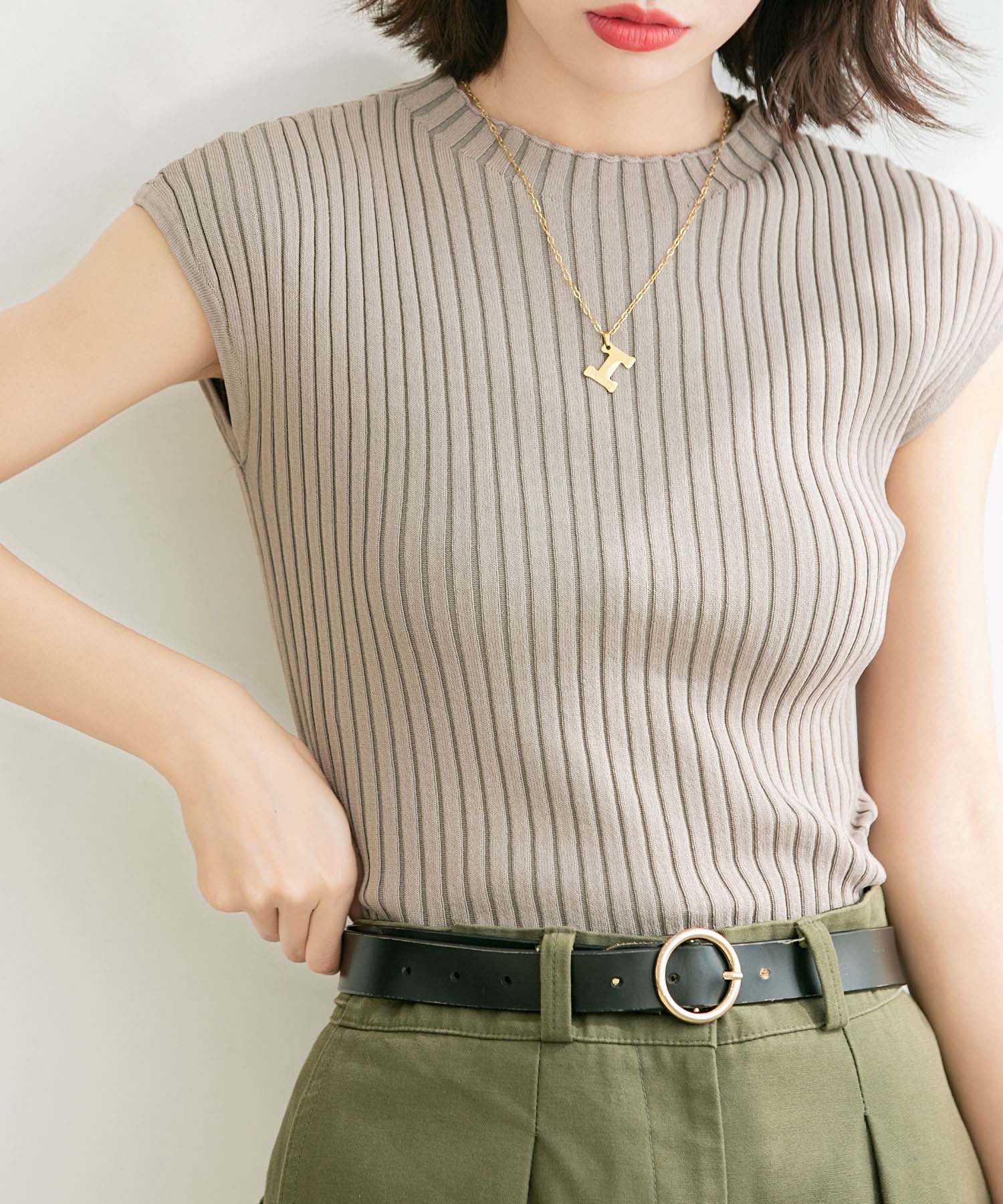 フレンチスリーブリブ切替サマーニットトップスxyf9299 ベージュ