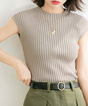 フレンチスリーブリブ切替サマーニットトップスxyf9299 ベージュ