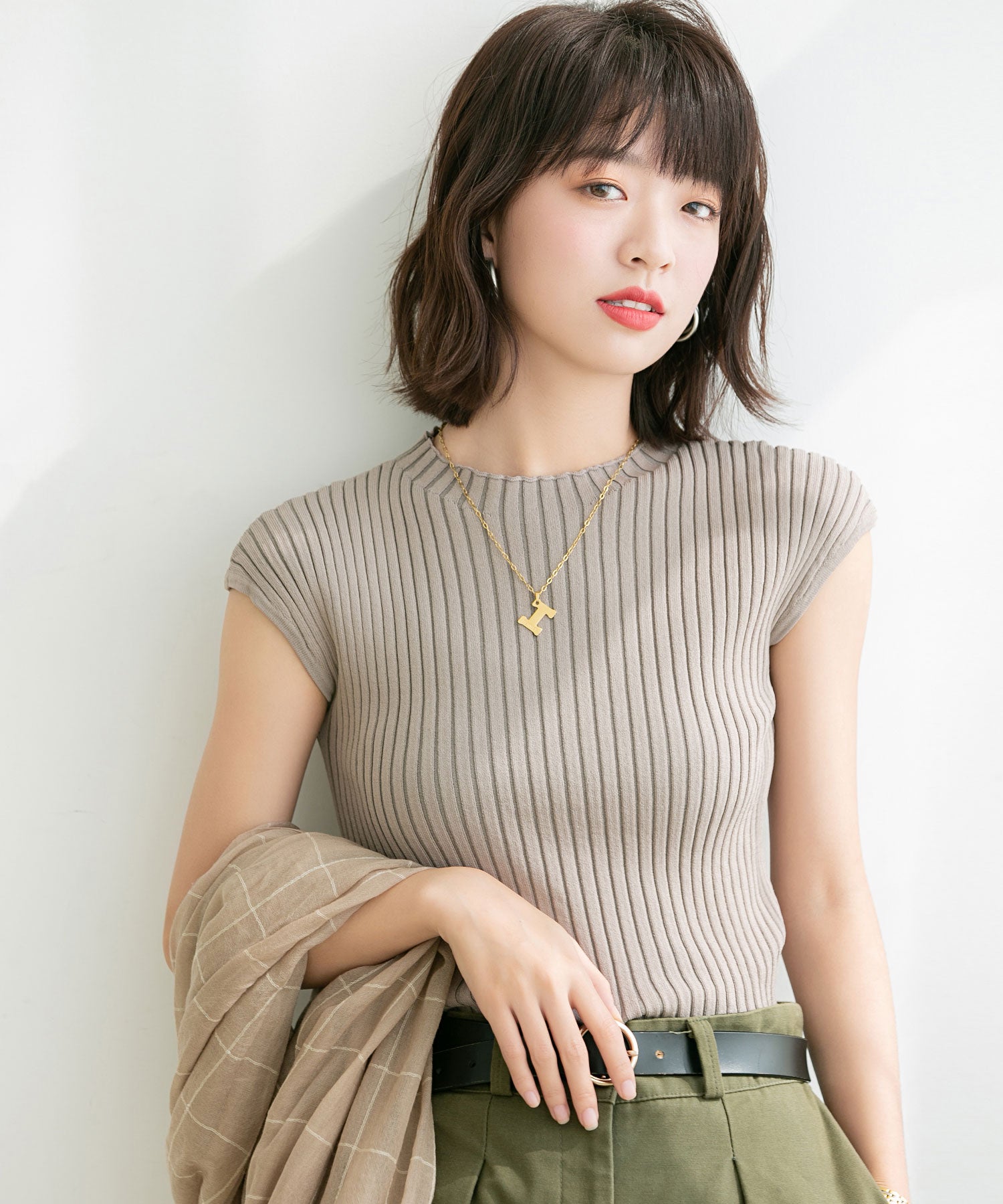 フレンチスリーブリブ切替サマーニットトップスxyf9299-103-14