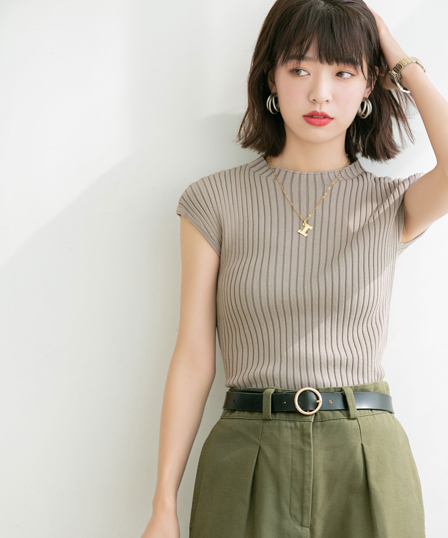 フレンチスリーブリブ切替サマーニットトップスxyf9299 ベージュ