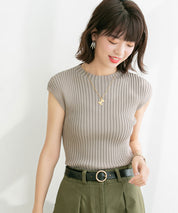 フレンチスリーブリブ切替サマーニットトップスxyf9299 ベージュ