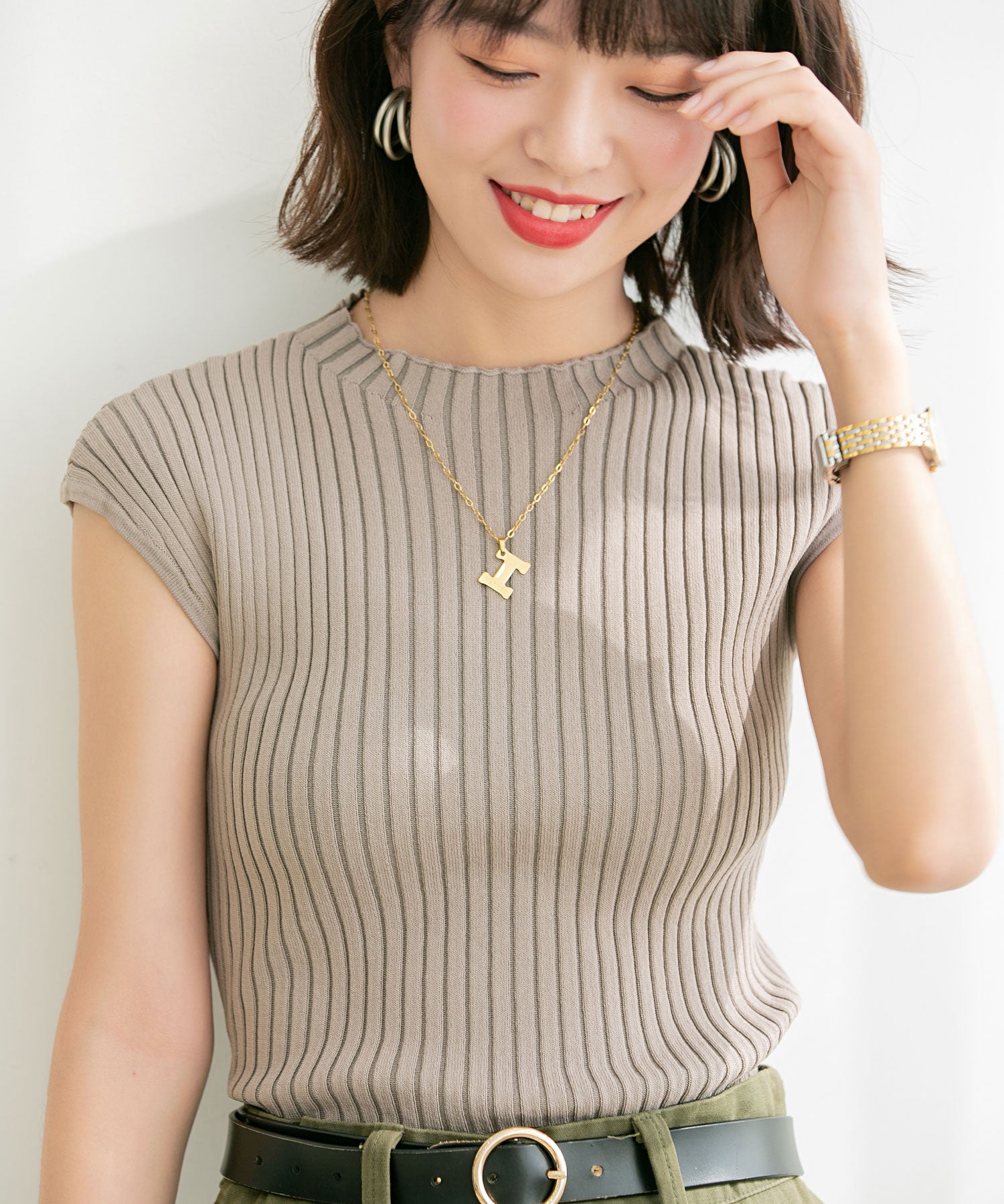 フレンチスリーブリブ切替サマーニットトップスxyf9299 ベージュ