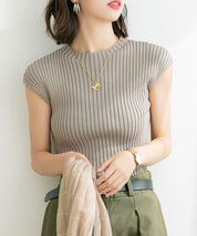 フレンチスリーブリブ切替サマーニットトップスxyf9299 ベージュ