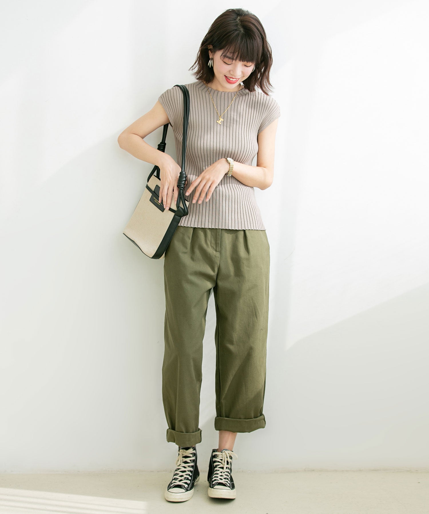 フレンチスリーブリブ切替サマーニットトップスxyf9299 ベージュ