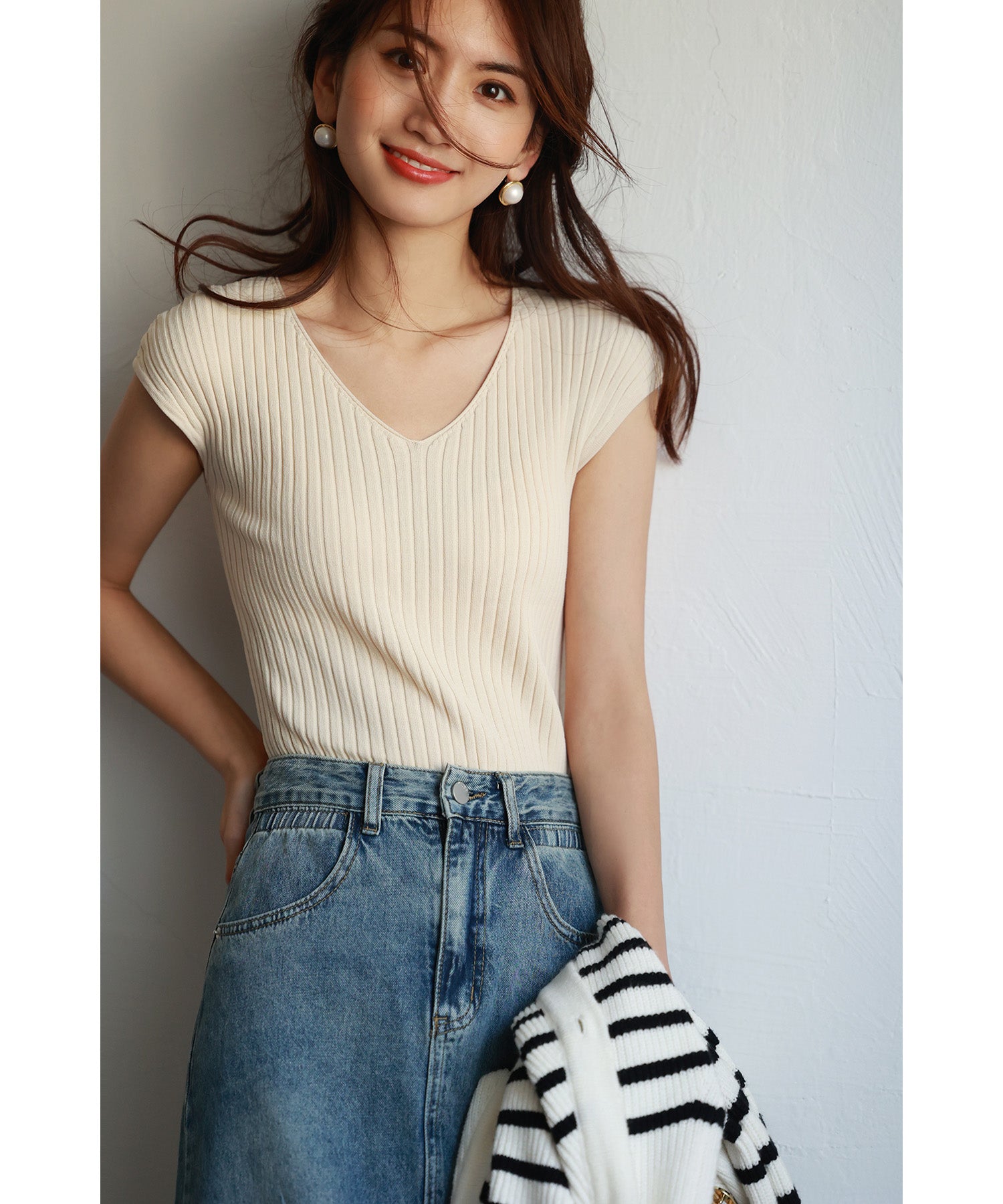フレンチスリーブリブ切替サマーニットトップスxyf9299-103-151