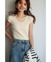 フレンチスリーブリブ切替サマーニットトップスxyf9299-103-151