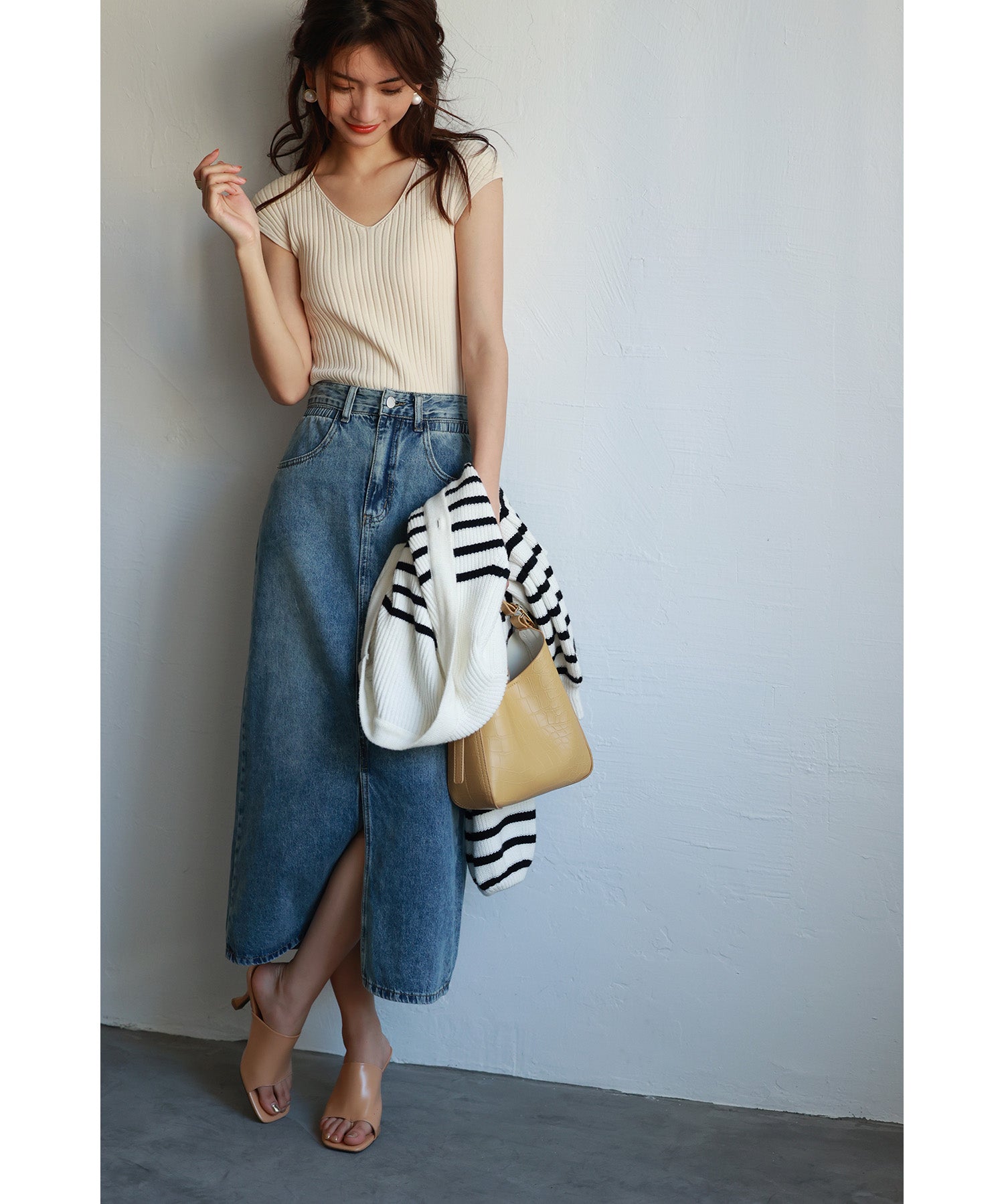 フレンチスリーブリブ切替サマーニットトップスxyf9299 ホワイト系その他