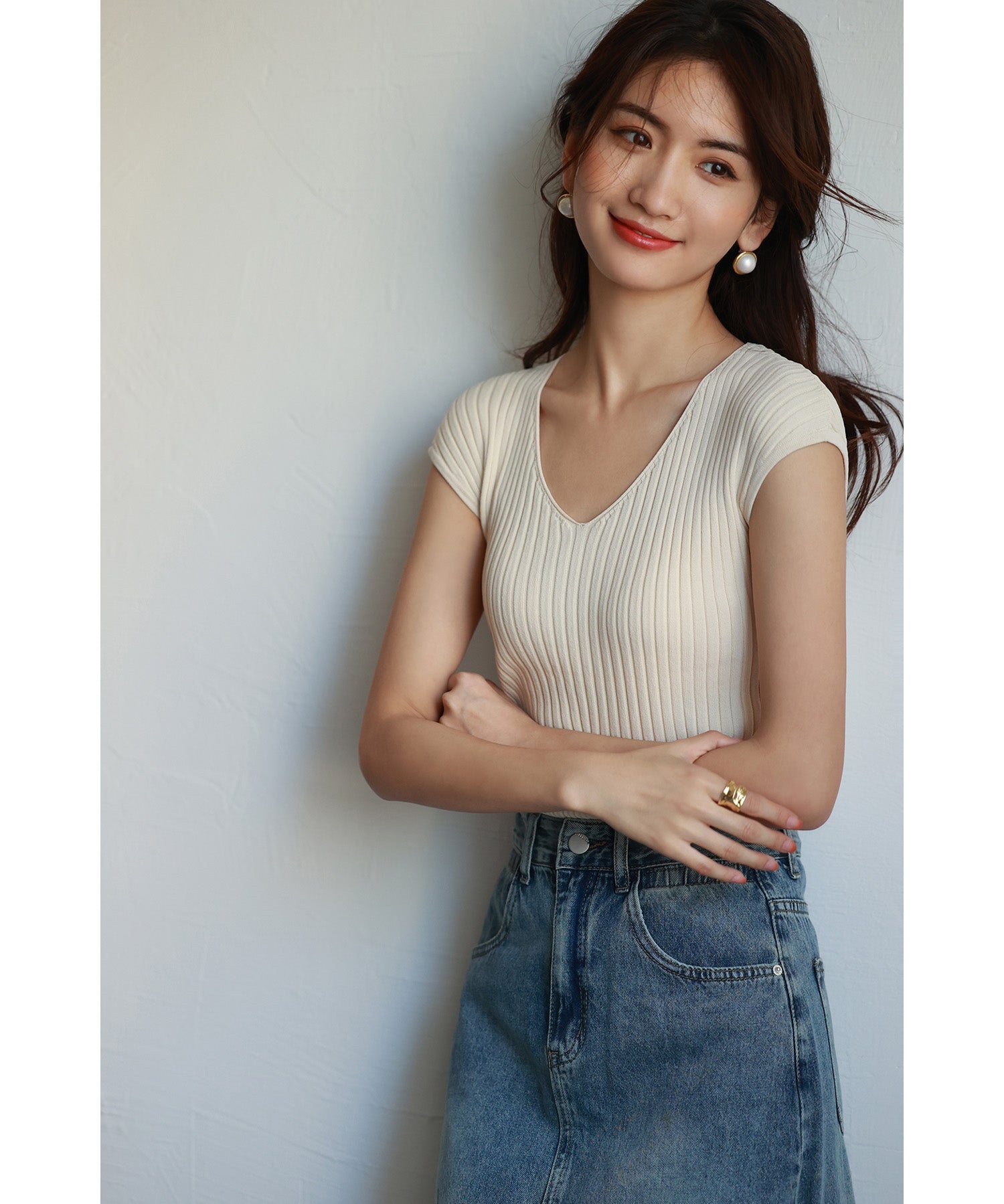 フレンチスリーブリブ切替サマーニットトップスxyf9299 ホワイト系その他