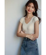 フレンチスリーブリブ切替サマーニットトップスxyf9299 ホワイト系その他