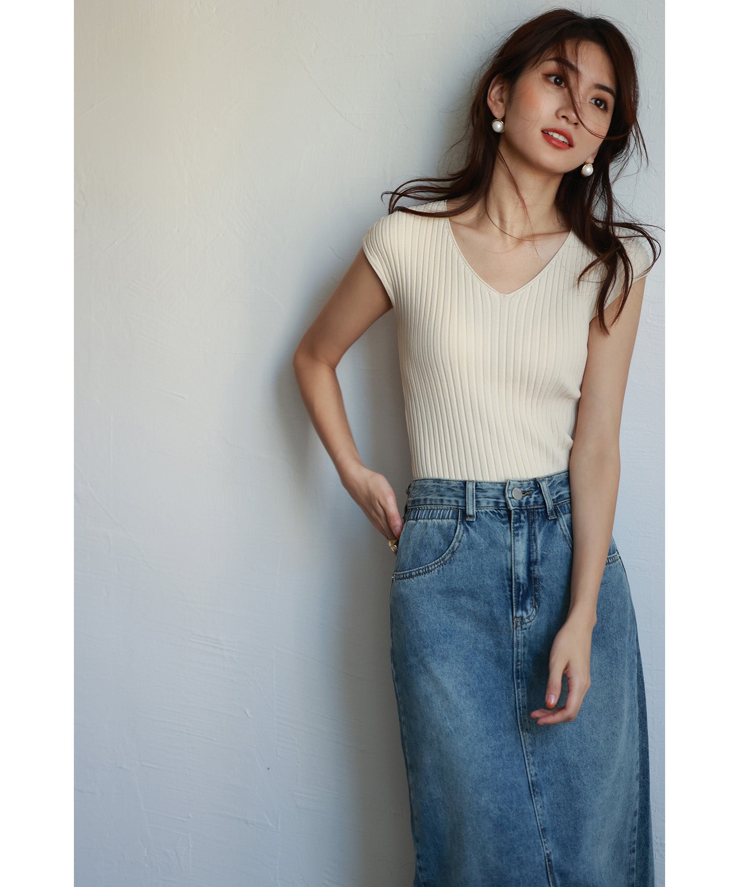 フレンチスリーブリブ切替サマーニットトップスxyf9299 ホワイト系その他