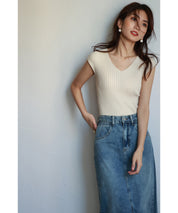 フレンチスリーブリブ切替サマーニットトップスxyf9299 ホワイト系その他