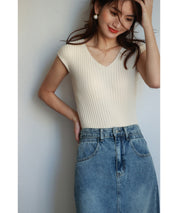 フレンチスリーブリブ切替サマーニットトップスxyf9299 ホワイト系その他