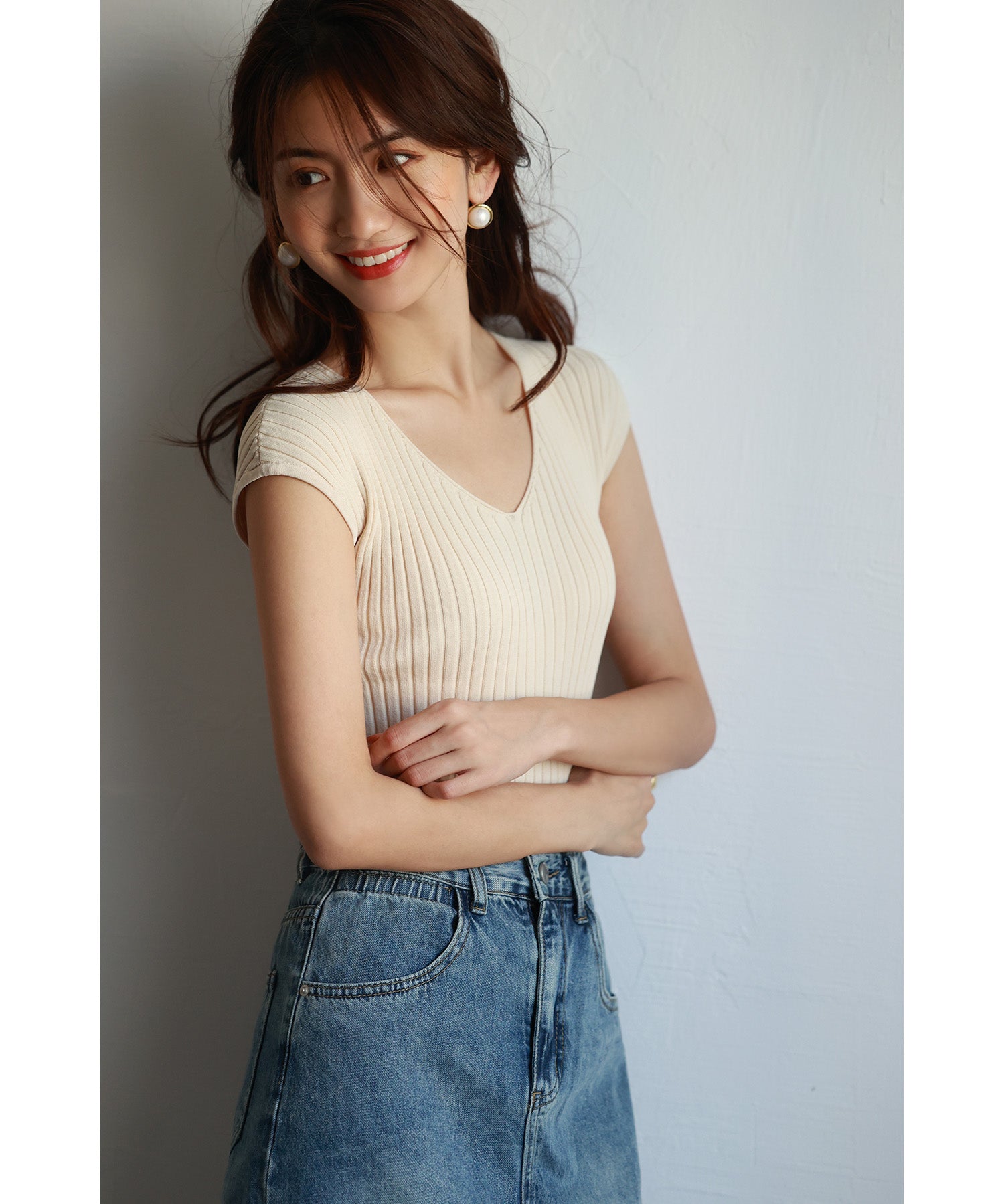 フレンチスリーブリブ切替サマーニットトップスxyf9299 ホワイト系その他