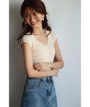 フレンチスリーブリブ切替サマーニットトップスxyf9299 ホワイト系その他