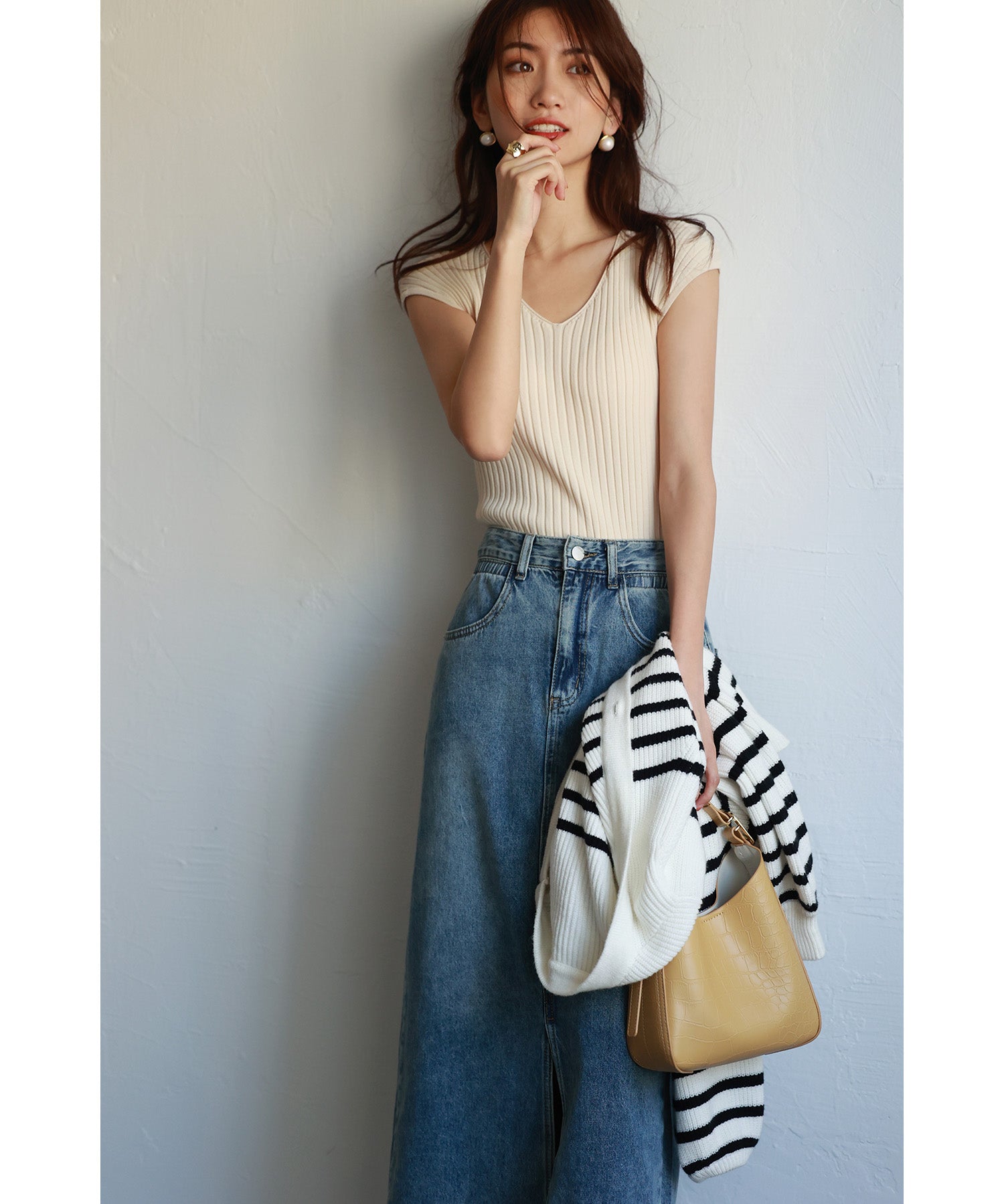 フレンチスリーブリブ切替サマーニットトップスxyf9299 ホワイト系その他