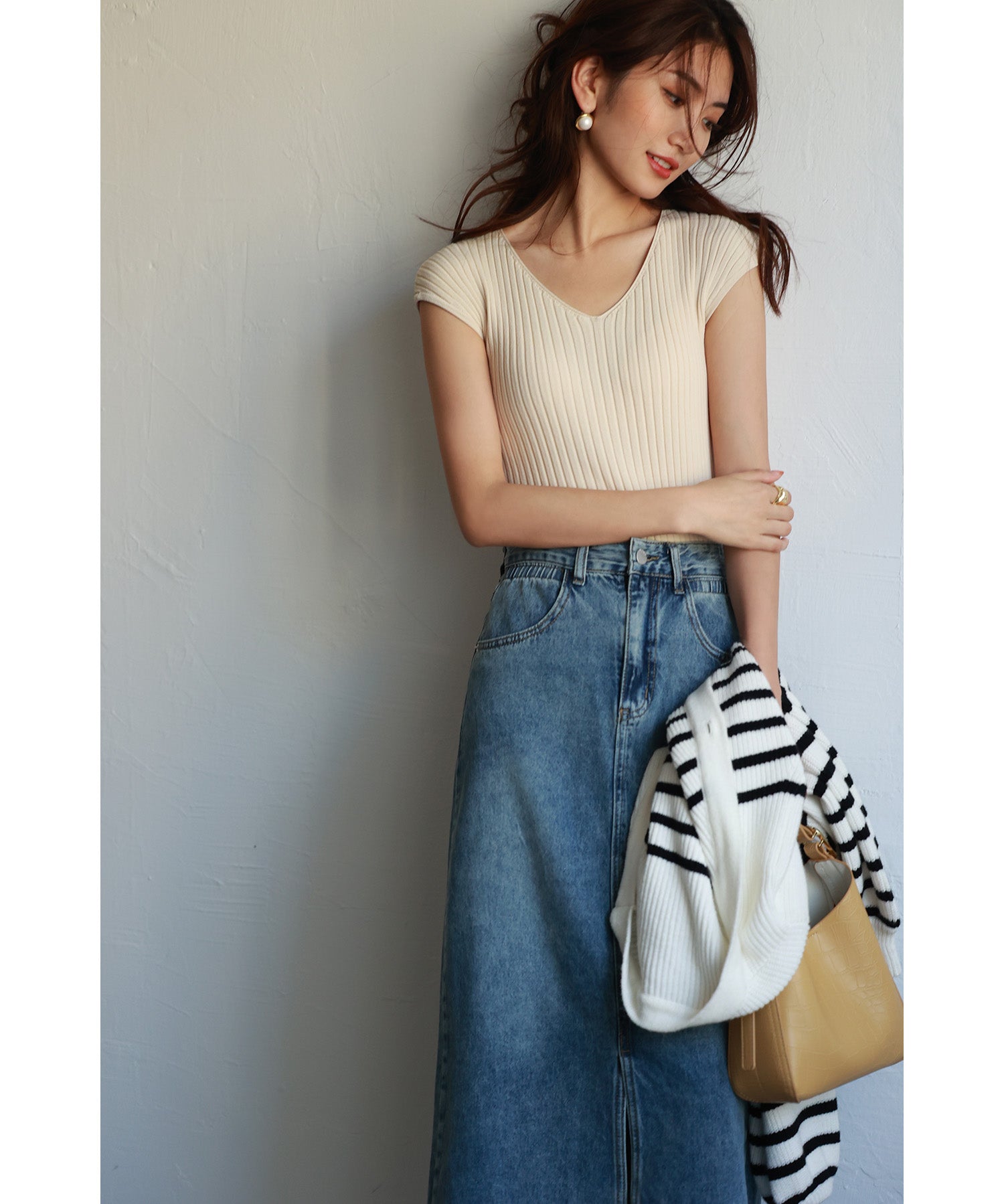 フレンチスリーブリブ切替サマーニットトップスxyf9299 ホワイト系その他