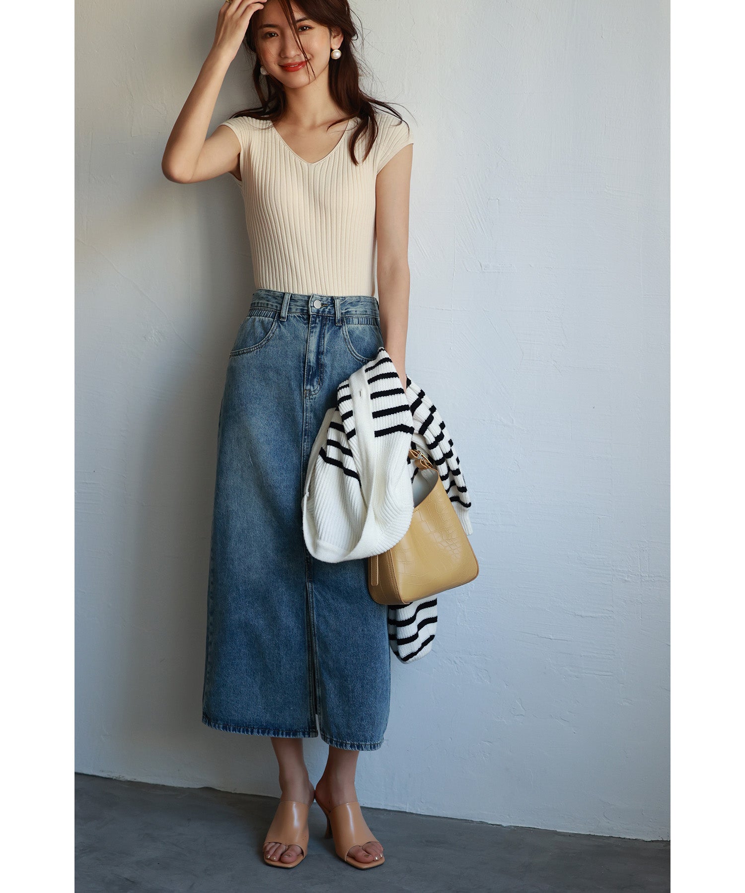 フレンチスリーブリブ切替サマーニットトップスxyf9299 ホワイト系その他