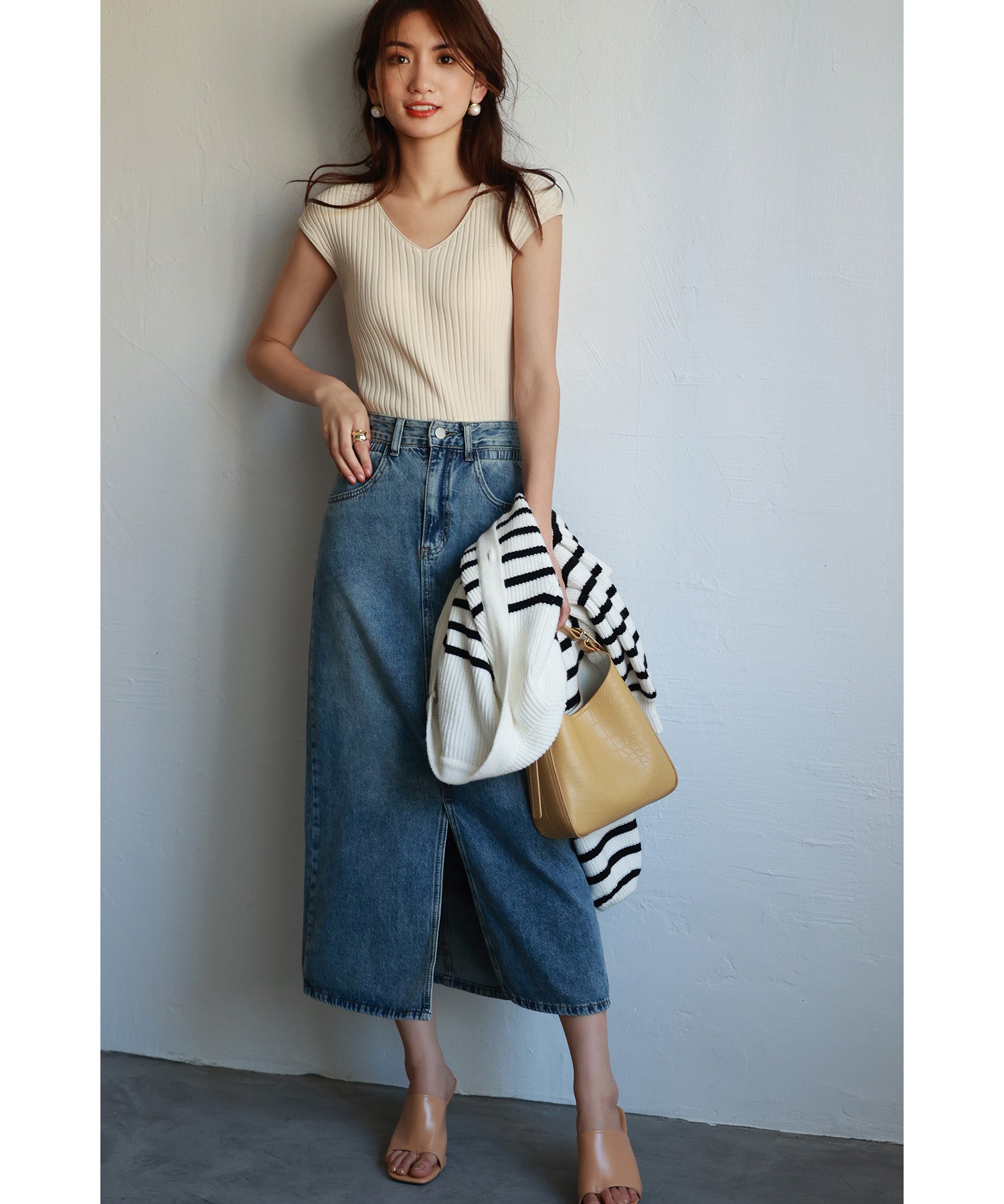 フレンチスリーブリブ切替サマーニットトップスxyf9299 ホワイト系その他