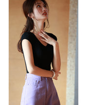 フレンチスリーブリブ切替サマーニットトップスxyf9299 ブラック系その他1