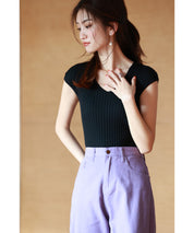 フレンチスリーブリブ切替サマーニットトップスxyf9299 ブラック系その他1