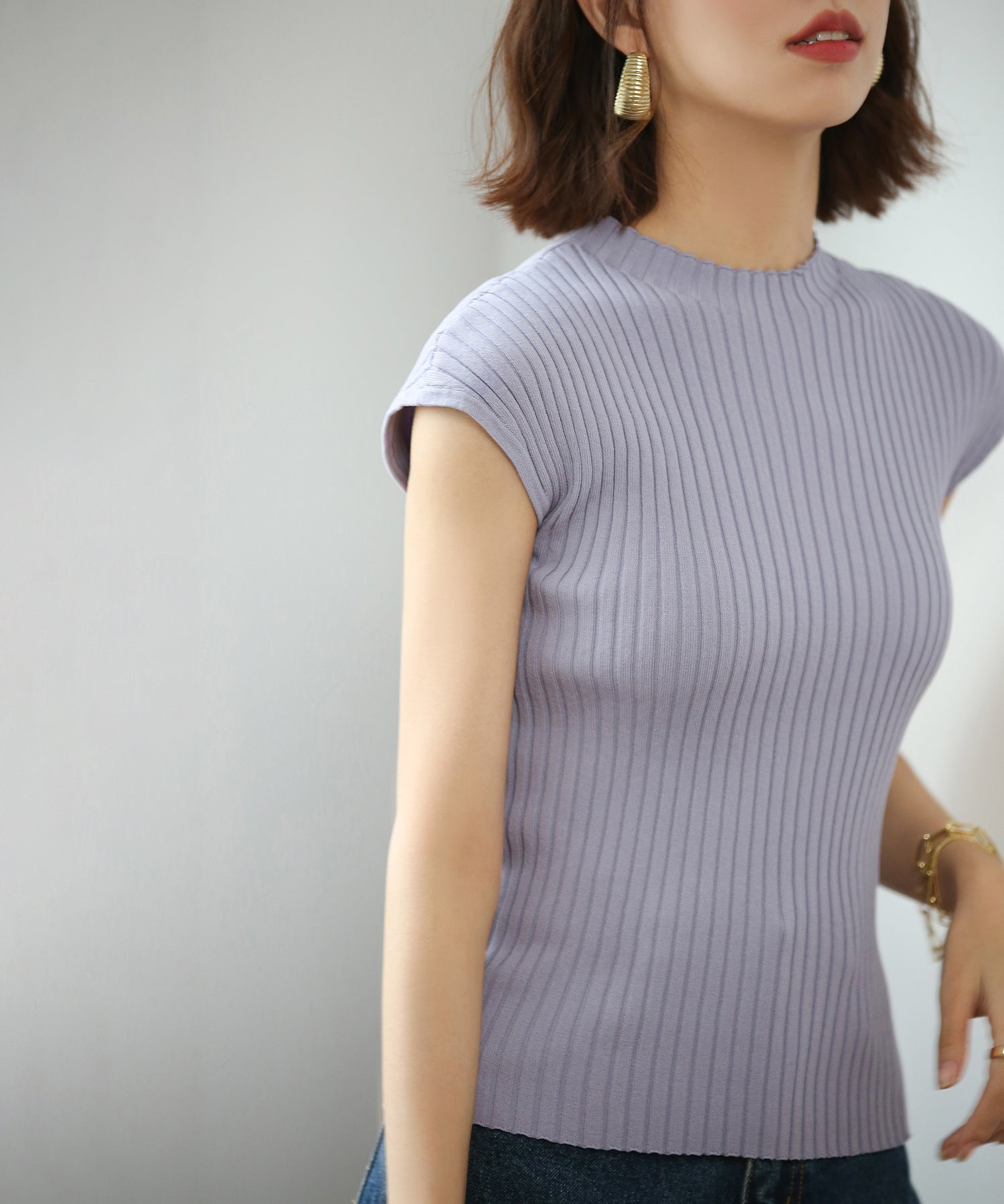 フレンチスリーブリブ切替サマーニットトップスxyf9299 パープル