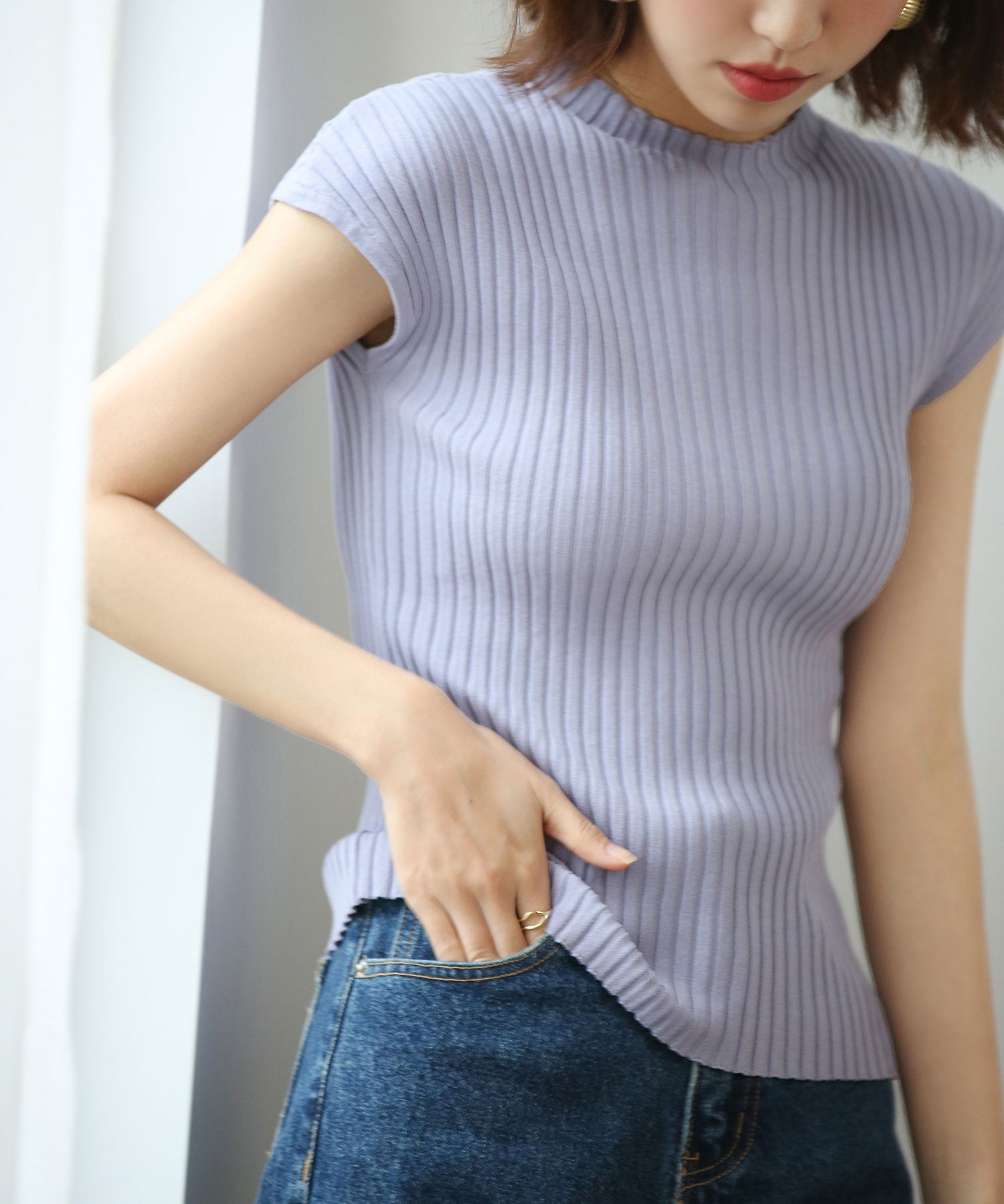 フレンチスリーブリブ切替サマーニットトップスxyf9299 パープル