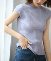 フレンチスリーブリブ切替サマーニットトップスxyf9299 パープル