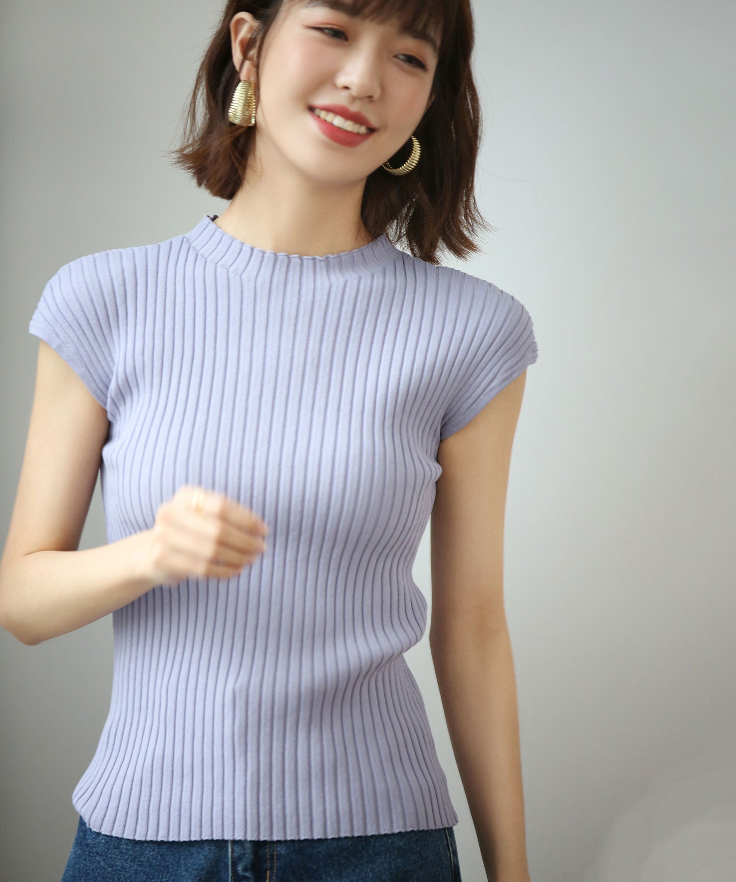 フレンチスリーブリブ切替サマーニットトップスxyf9299 パープル