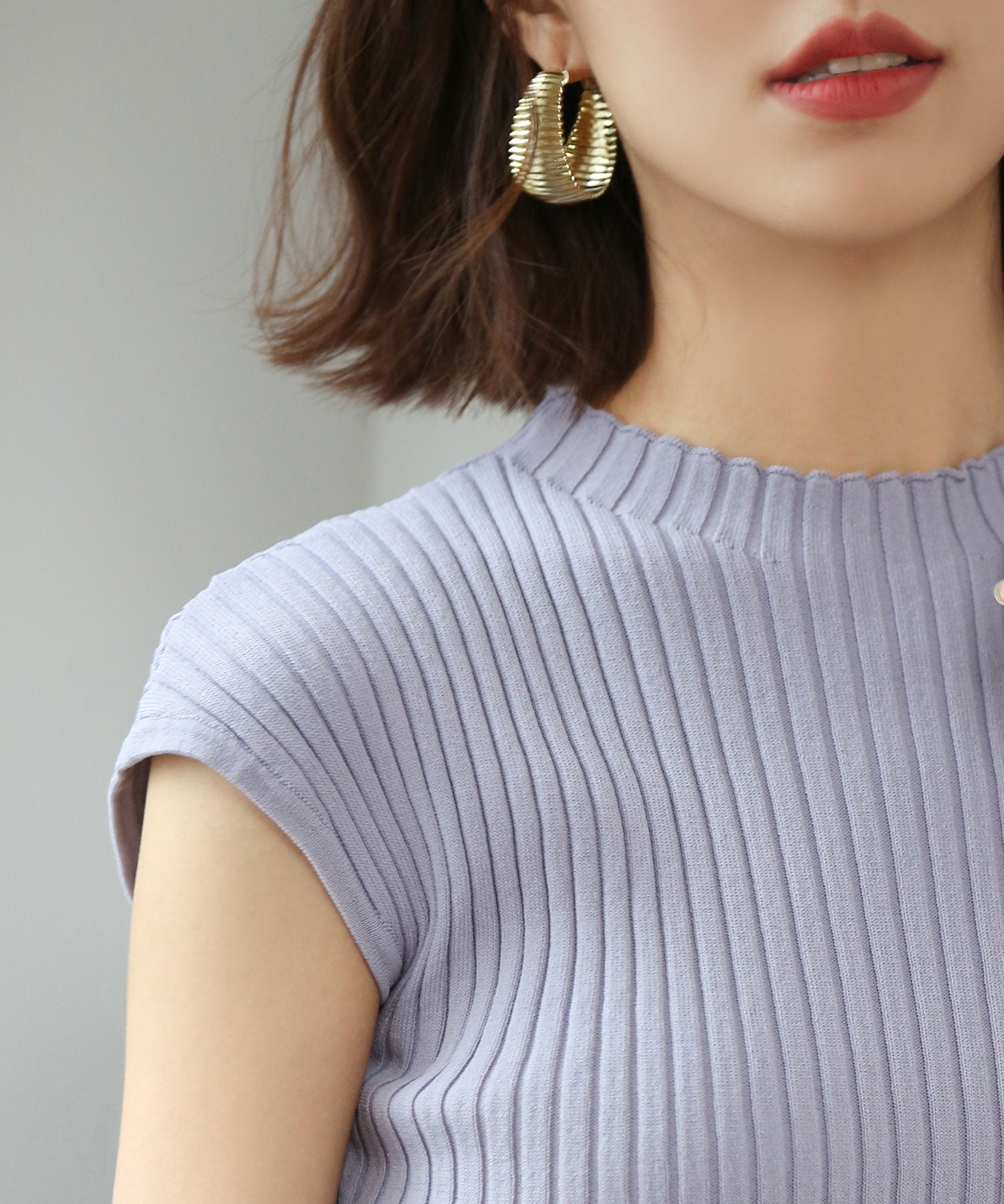 フレンチスリーブリブ切替サマーニットトップスxyf9299 パープル