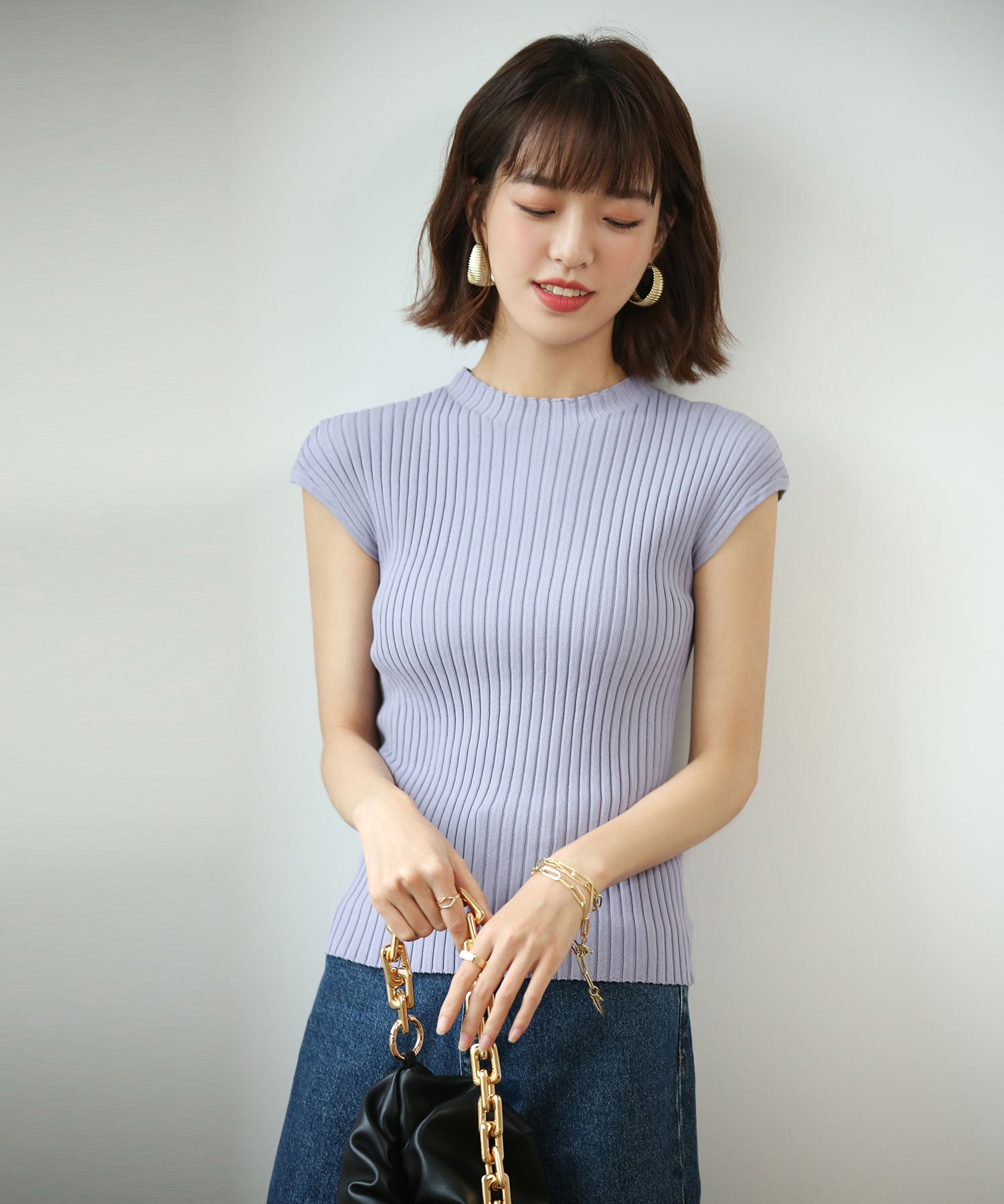 フレンチスリーブリブ切替サマーニットトップスxyf9299 パープル