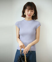 フレンチスリーブリブ切替サマーニットトップスxyf9299 パープル