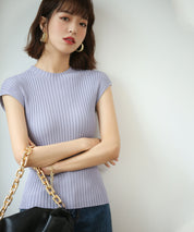 フレンチスリーブリブ切替サマーニットトップスxyf9299 パープル